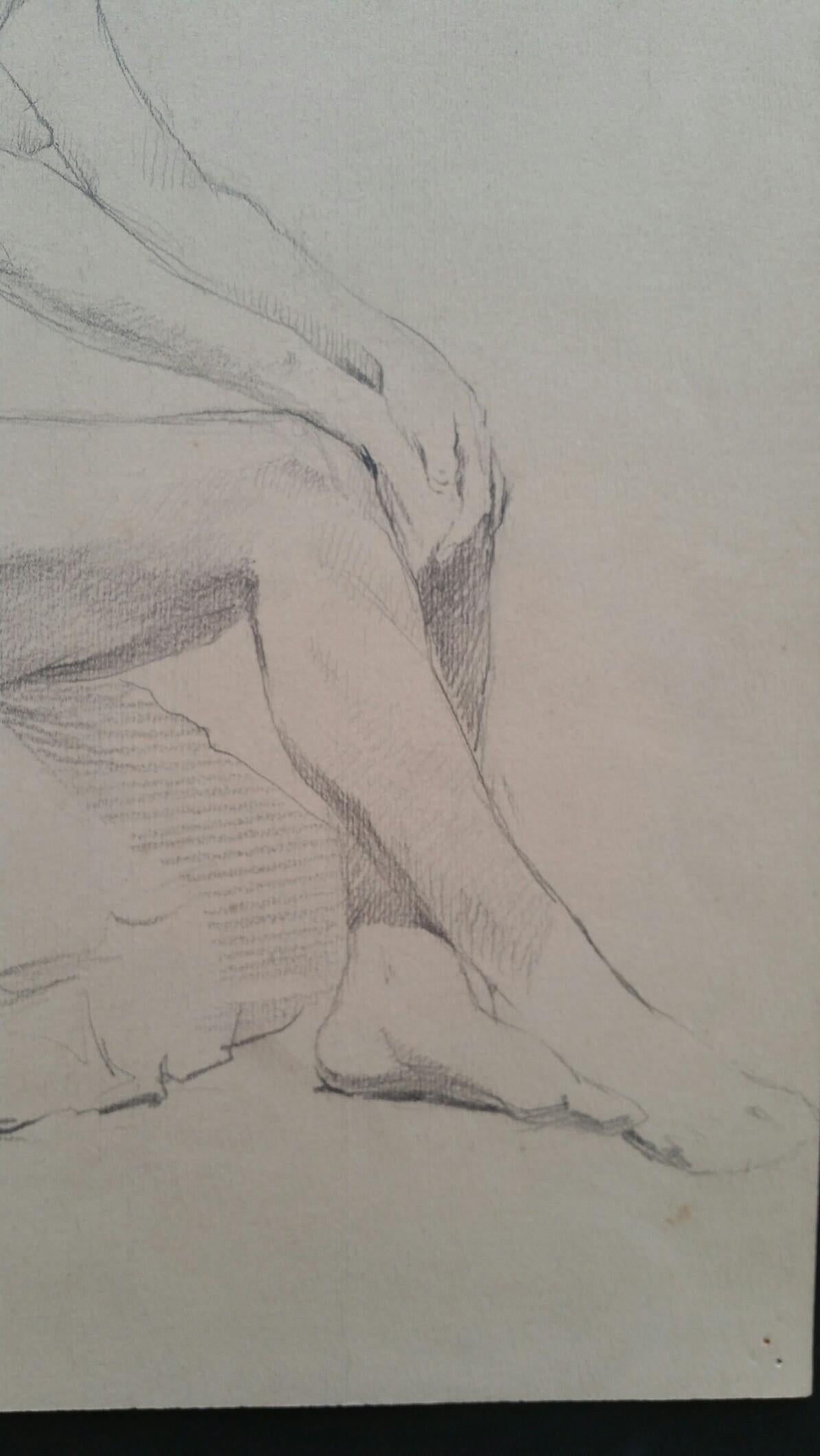 Boceto de retrato inglés en grafito de mujer desnuda, sentada de perfil siglo XIX