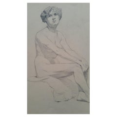 Boceto de retrato inglés en grafito de mujer desnuda, sentada de perfil