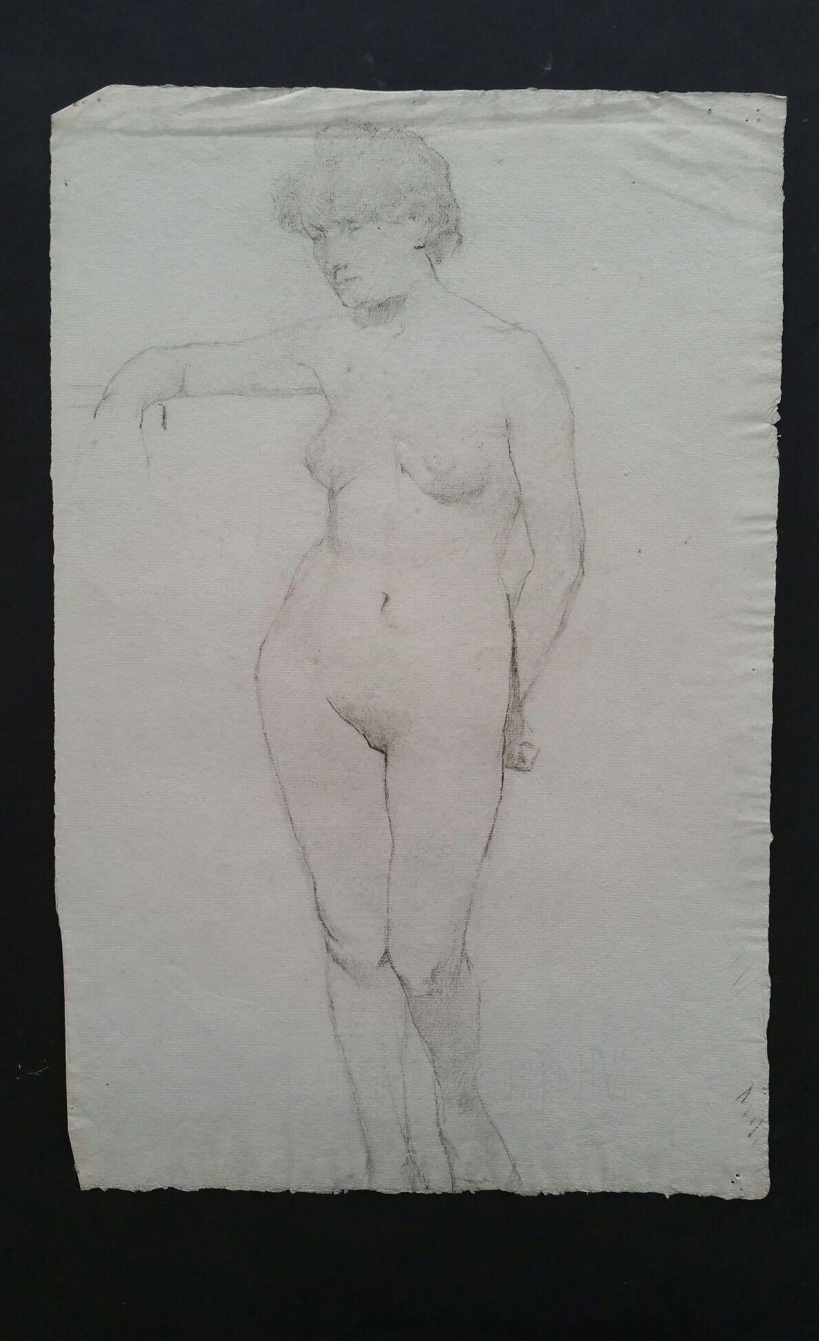 English graphite sketch of a female nude, standing facing
by Henry George Moon (British 1857-1905)
on off white artists paper, unframed
measurements: sheet 18.5 x 12 inches 

provenance: from the artists estate

Condition report: pin holes to
