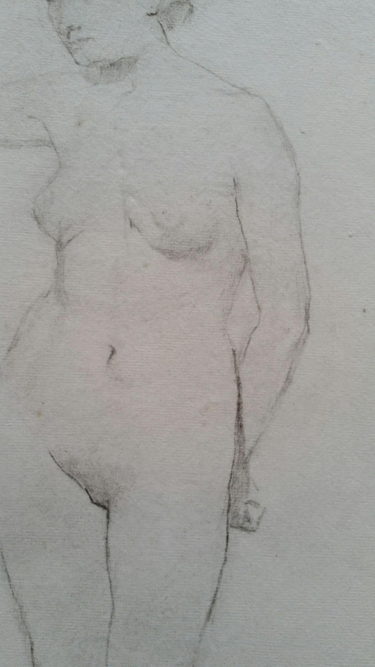 19th Century English Graphite Portrait Sketch of Female Nude, Standing Facing For Sale