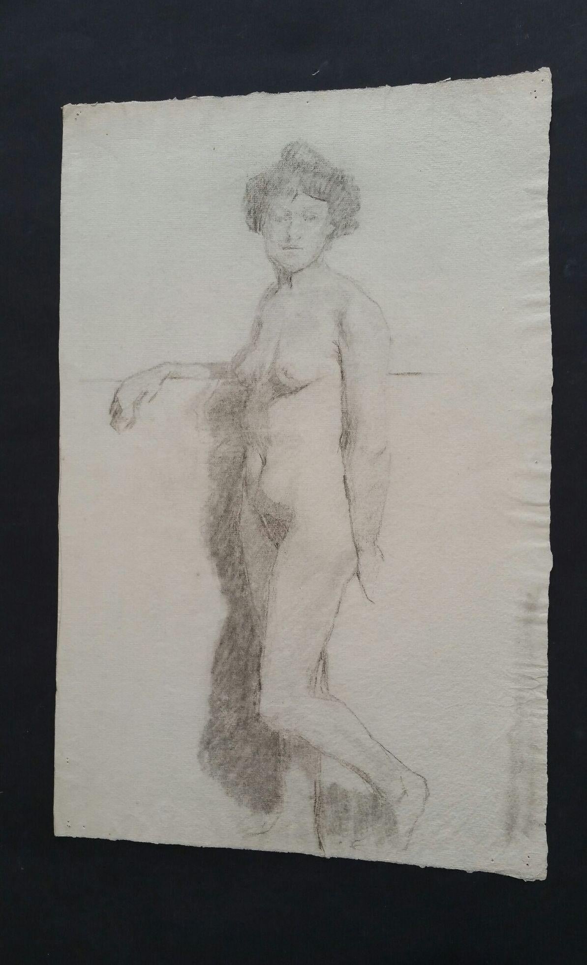 English Graphite Portrait Sketch of Female Nude, Standing For Sale 5