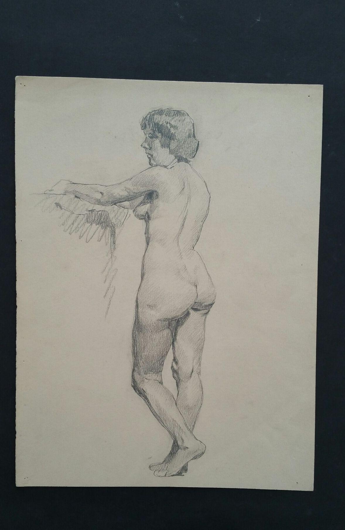 English Graphite Sketch of a Female Nude, Standing
by Henry George Moon (British 1857-1905)
on off-white artists paper, unframed
measurements: sheet 14.5 x 11 inches 

provenance: from the artists estate

Condition report: pin holes to
