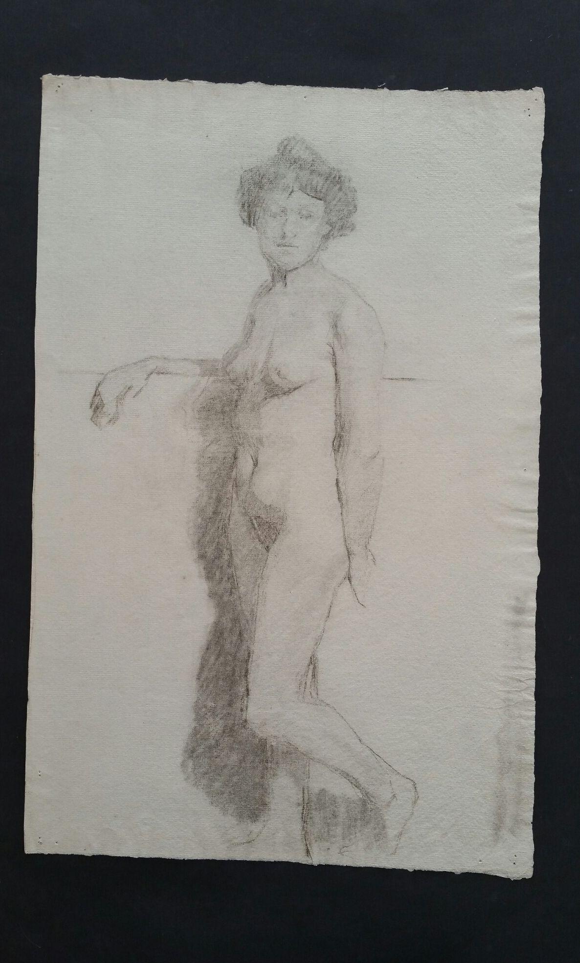 English Graphite Sketch of a Female Nude, Standing
by Henry George Moon (British 1857-1905)
on pale grey artists paper, unframed
measurements: sheet 18.5 x 12 inches 

provenance: from the artists estate

Condition report: pin holes to
