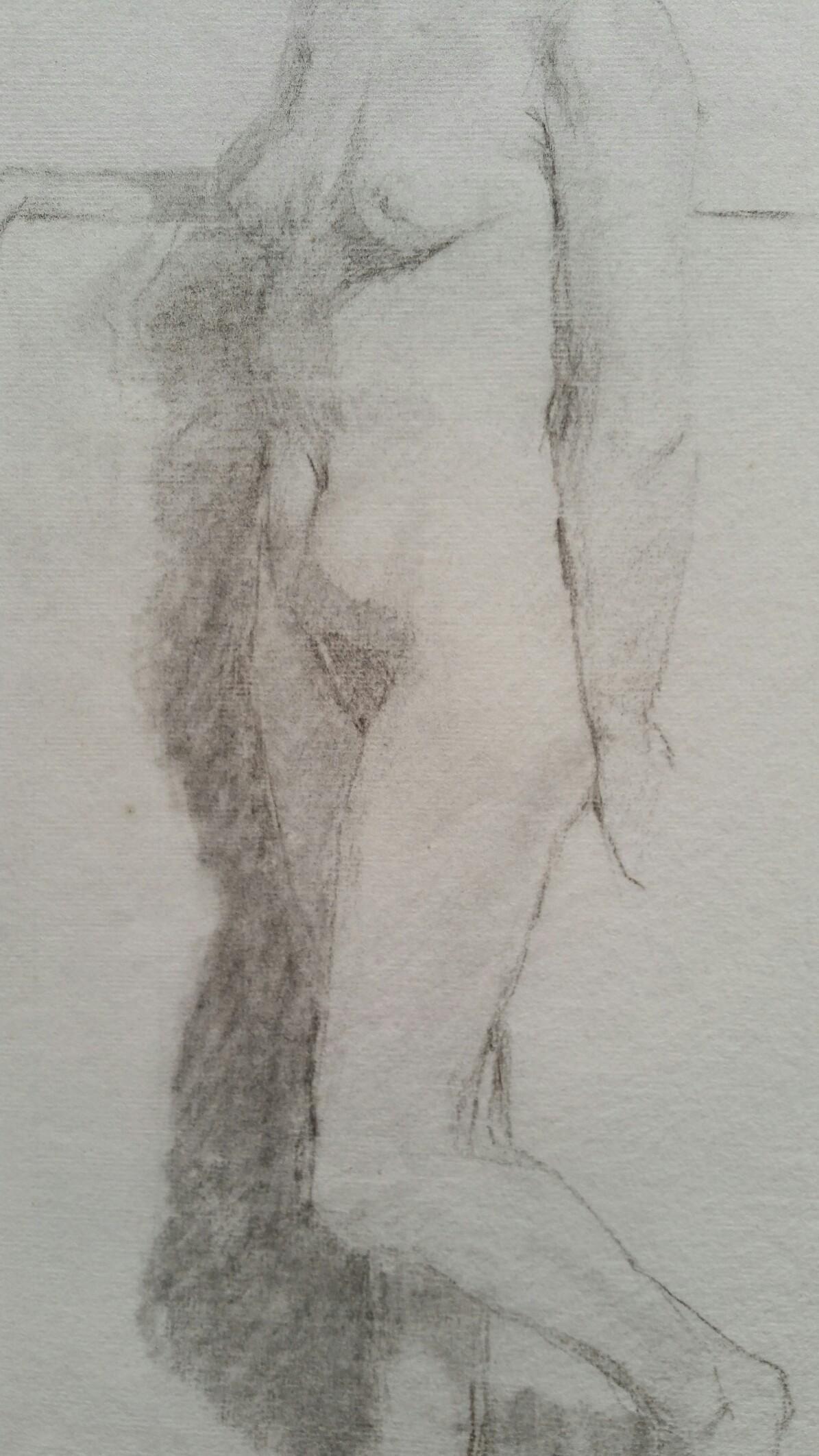 English Graphite Portrait Sketch of Female Nude, Standing For Sale 1