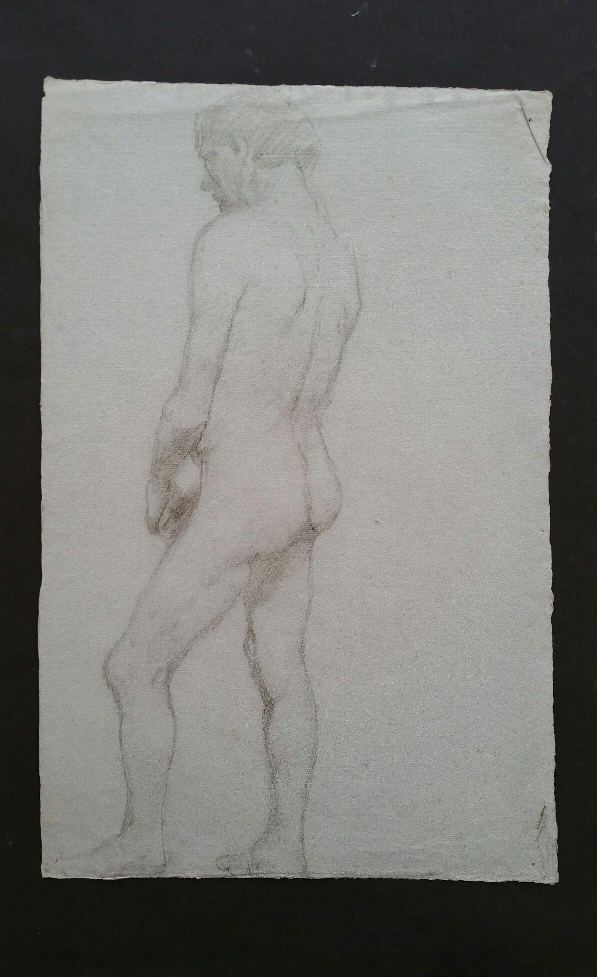 English graphite sketch of a male nude, back view.
by Henry George Moon (British 1857-1905).
On pale blue/grey artists paper, unframed.
Measurements: sheet 18.75 x 12 inches.

Provenance: from the artists estate.

Condition report: pin holes