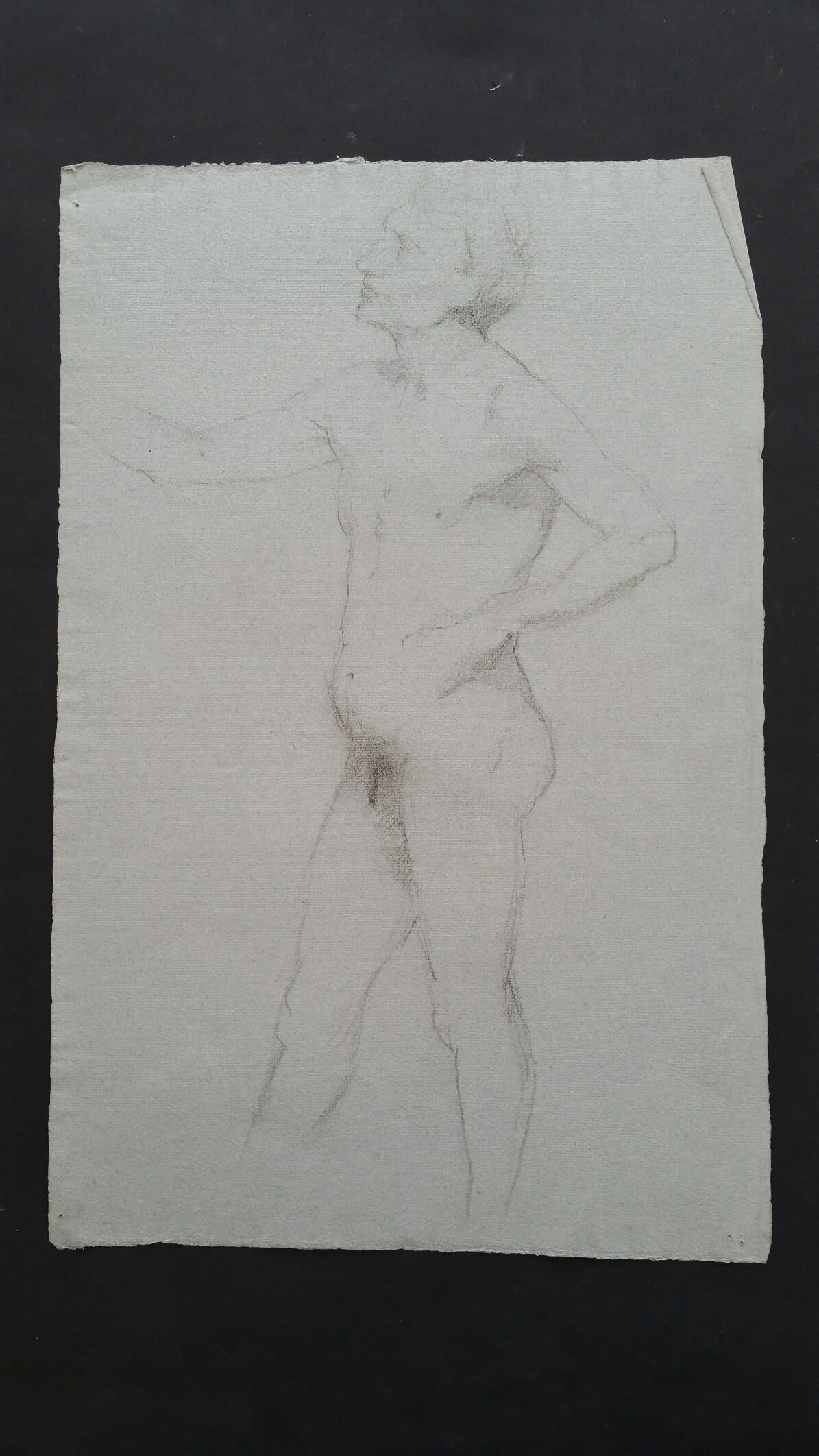 English graphite sketch of a male nude, in profile.
by Henry George Moon (British 1857-1905).
On pale blue/grey artists paper, unframed.
Measurements: sheet 18.5 x 12 inches.

Provenance: from the artists estate

Condition report: pin holes