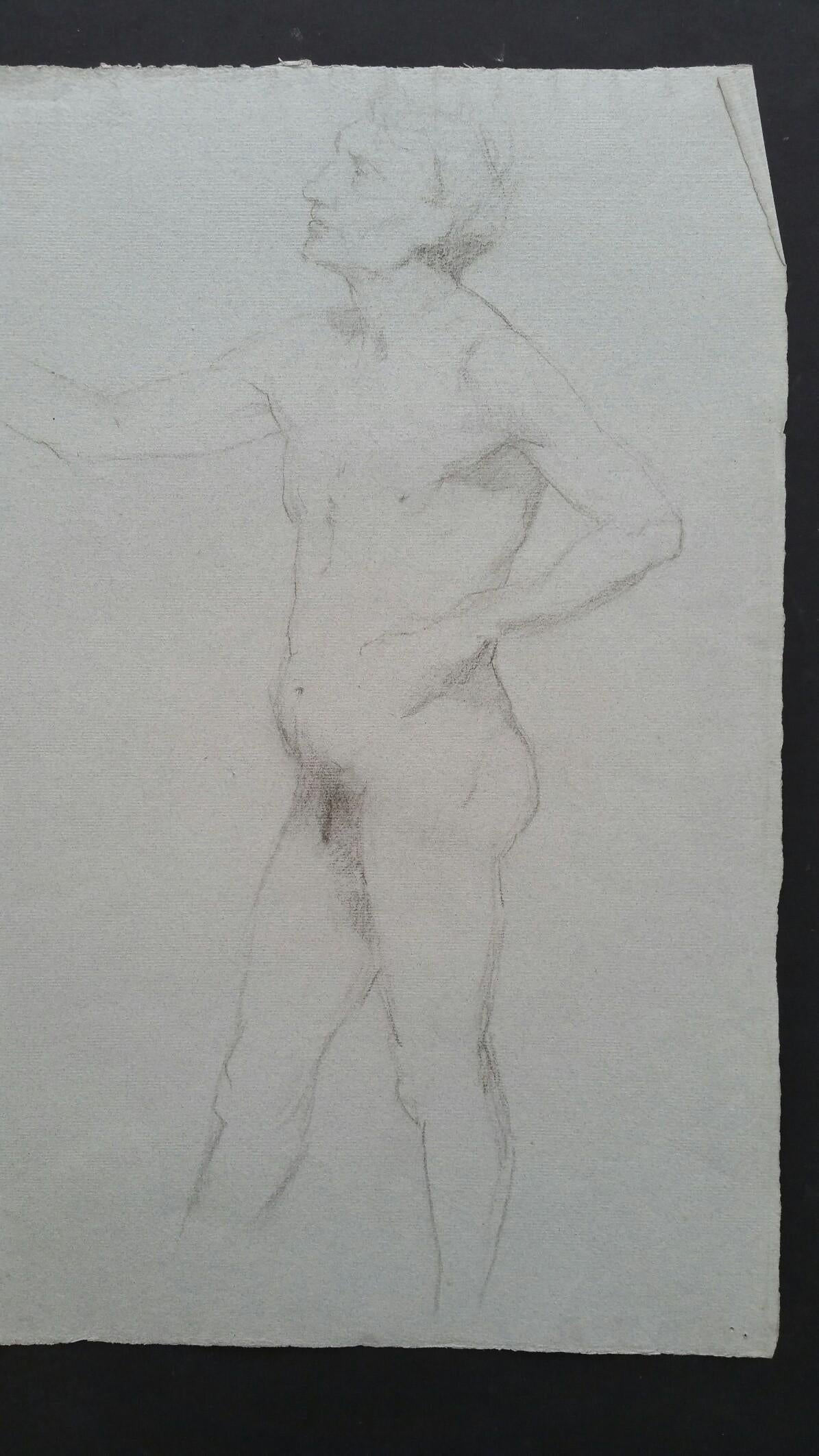 English Graphite Portrait Sketch of Male Nude, in Profile For Sale 2