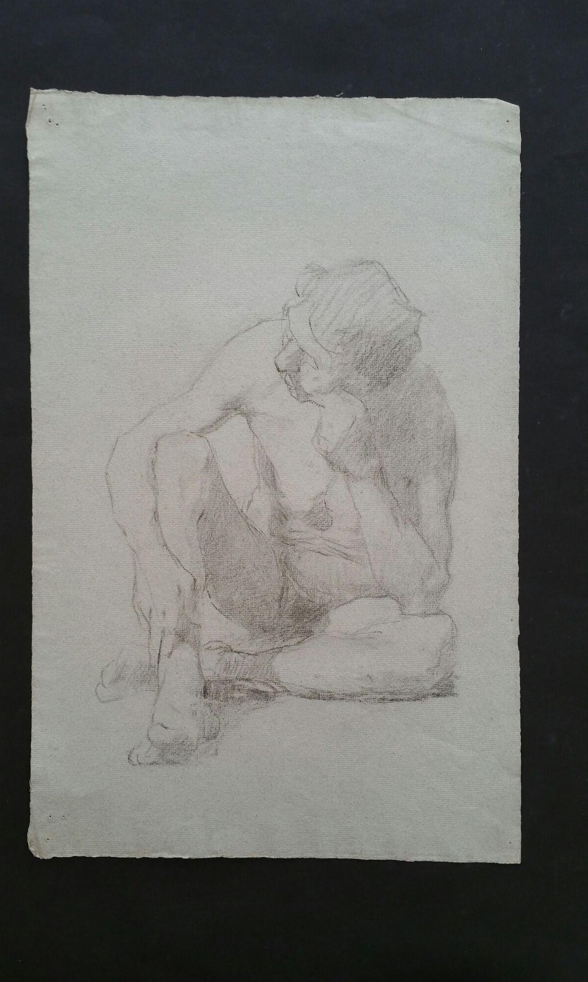 English graphite sketch of a male nude, seated.
by Henry George Moon (British 1857-1905).
on pale grey artists paper, unframed.
measurements: sheet 18.75 x 12 inches.

Provenance: from the artists estate

Condition report: pin holes to