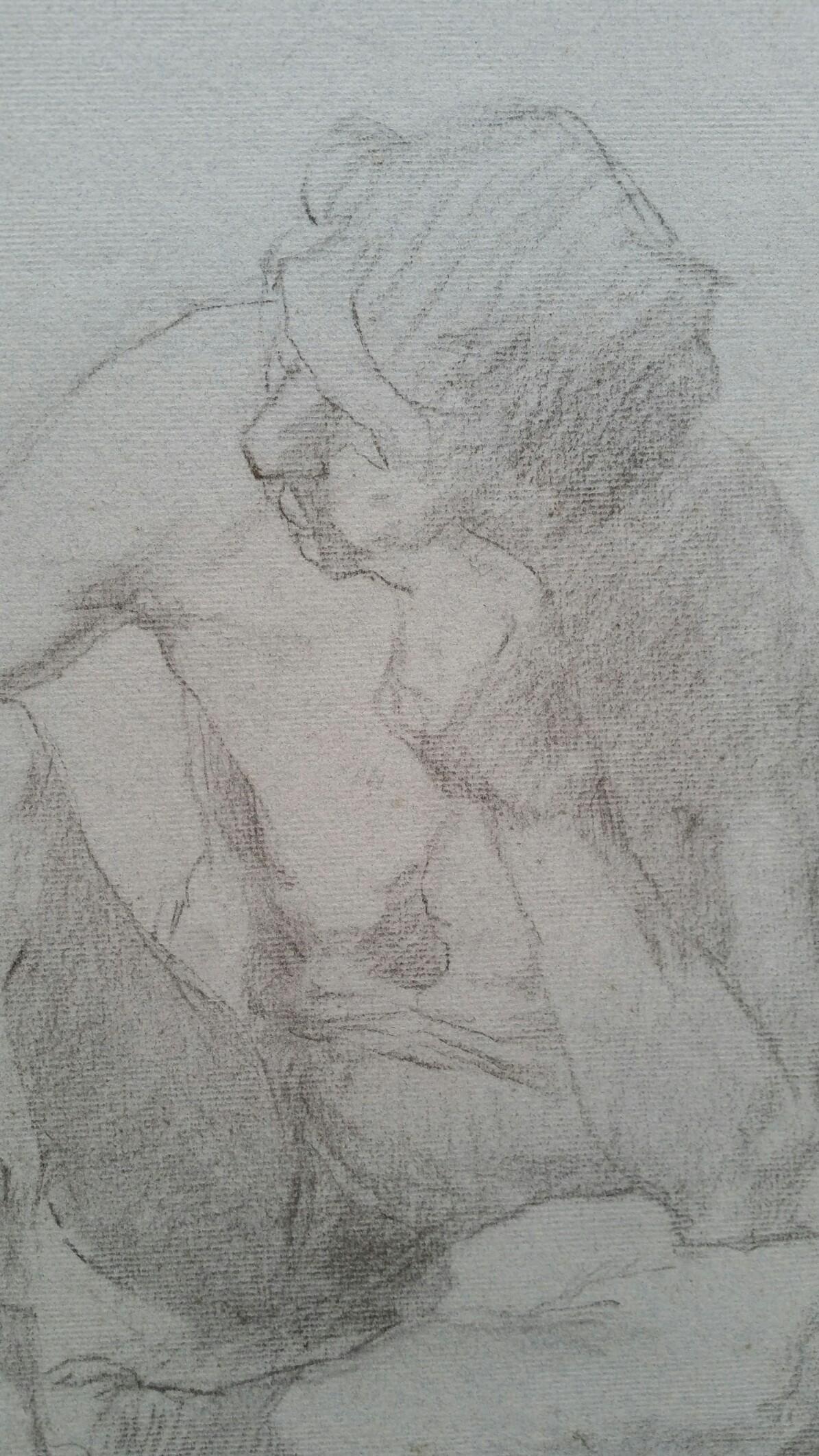 English Graphite Portrait Sketch of Male Nude, Seated For Sale 1