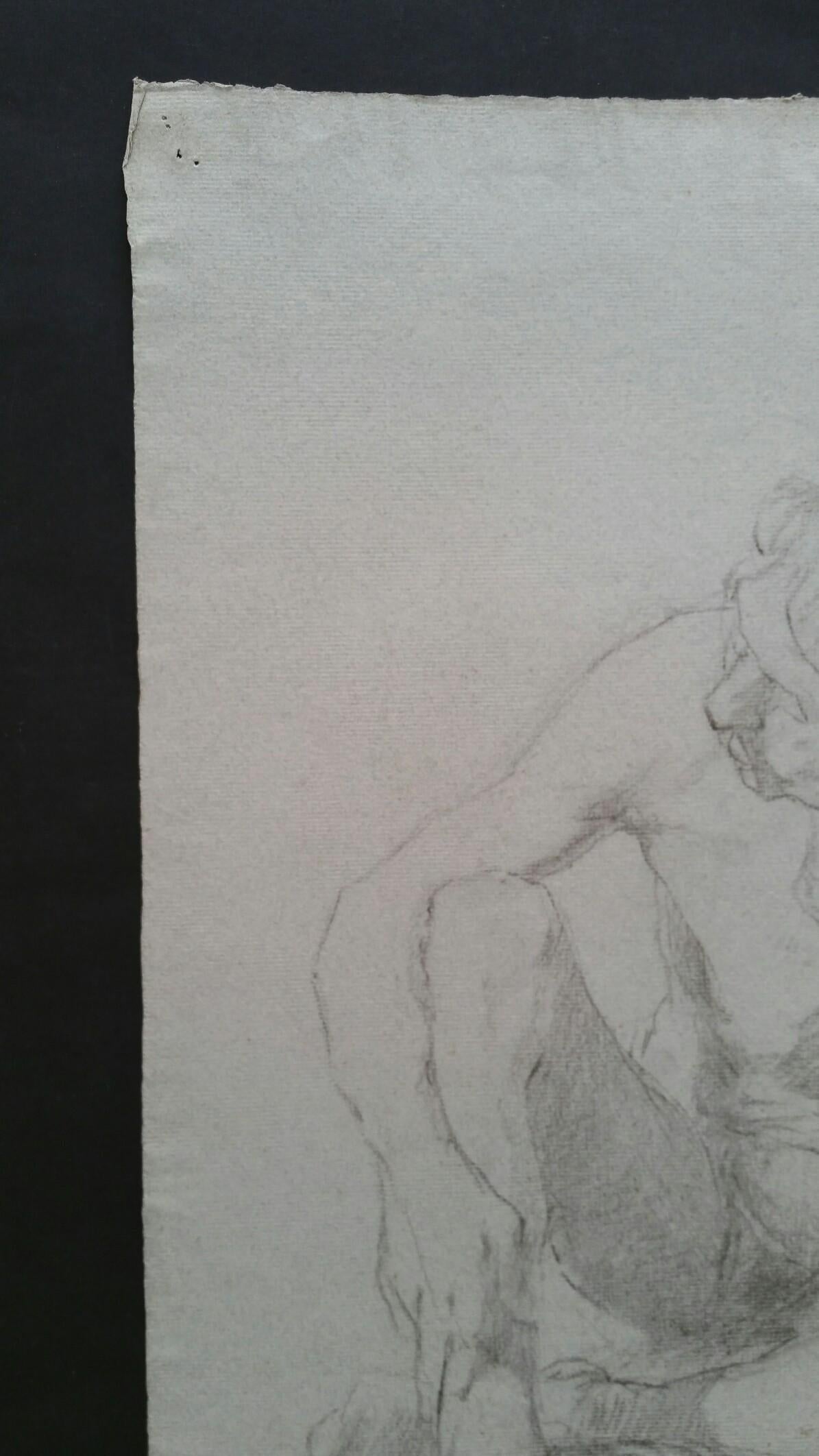 English Graphite Portrait Sketch of Male Nude, Seated For Sale 2