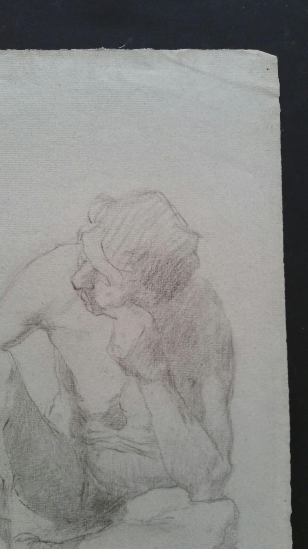 English Graphite Portrait Sketch of Male Nude, Seated For Sale 3
