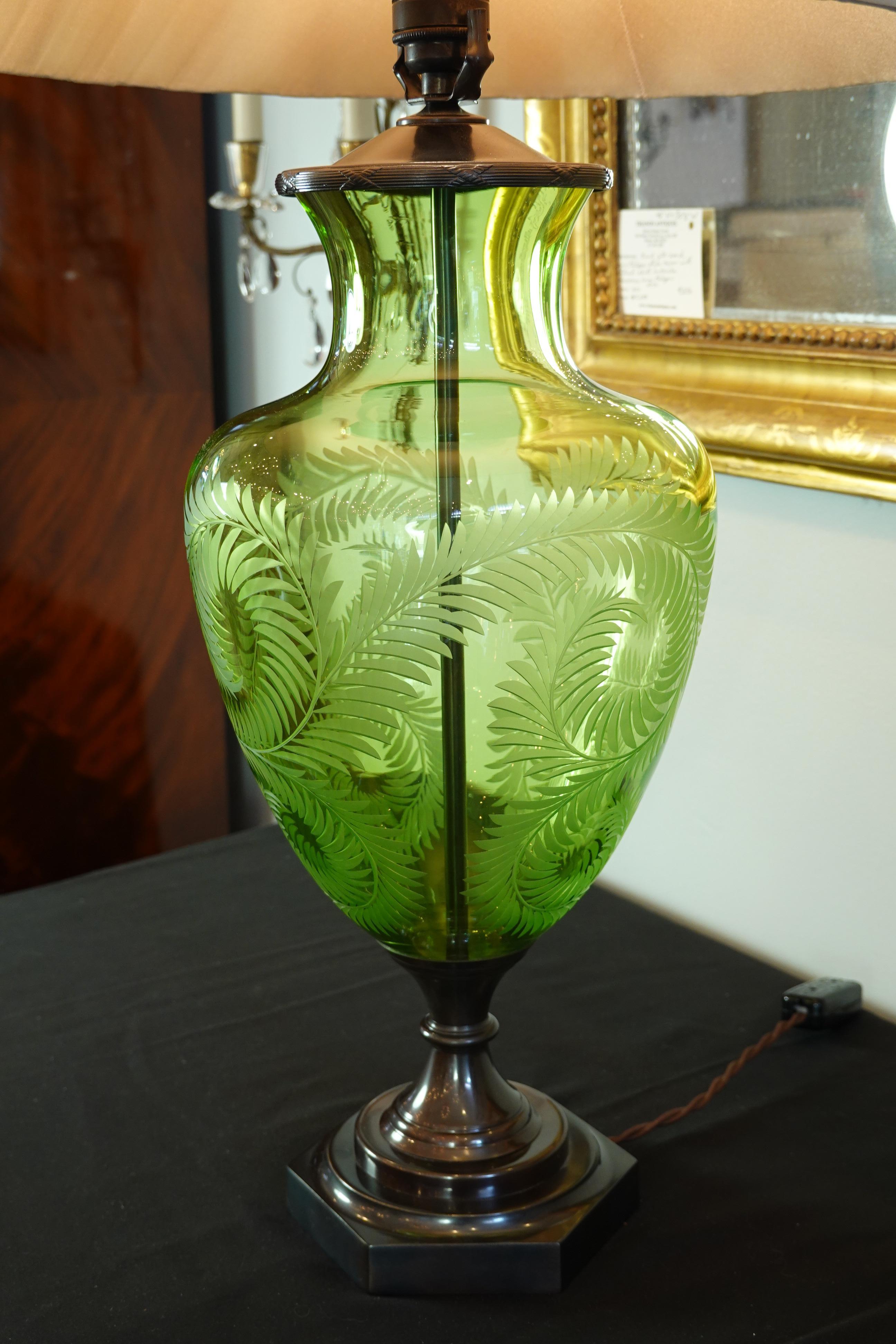 English Green Crystal Urn Form Lamp with Etched Fern Design by Lucy Cope 1