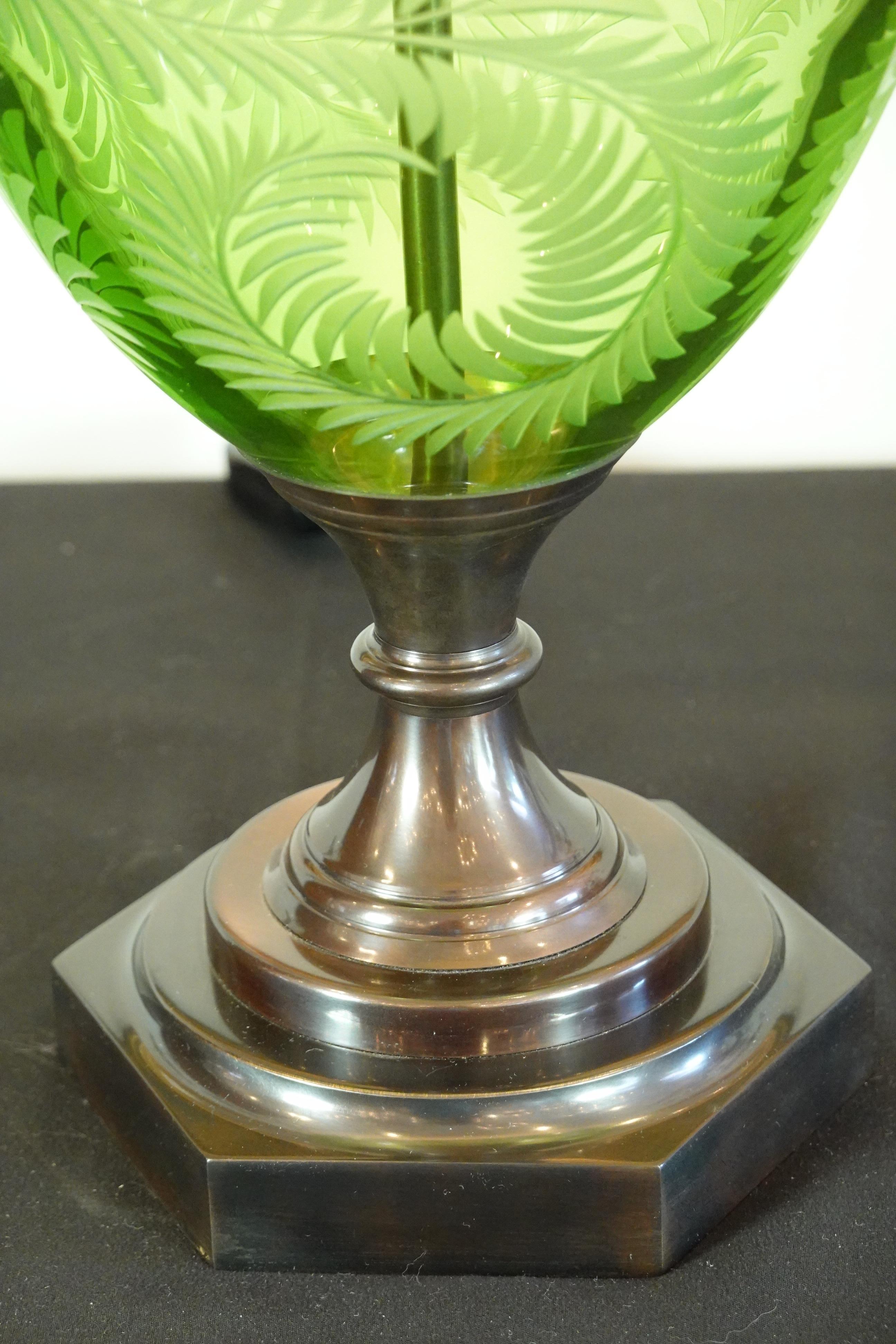Neoclassical English Green Crystal Urn Form Lamp with Etched Fern Design by Lucy Cope