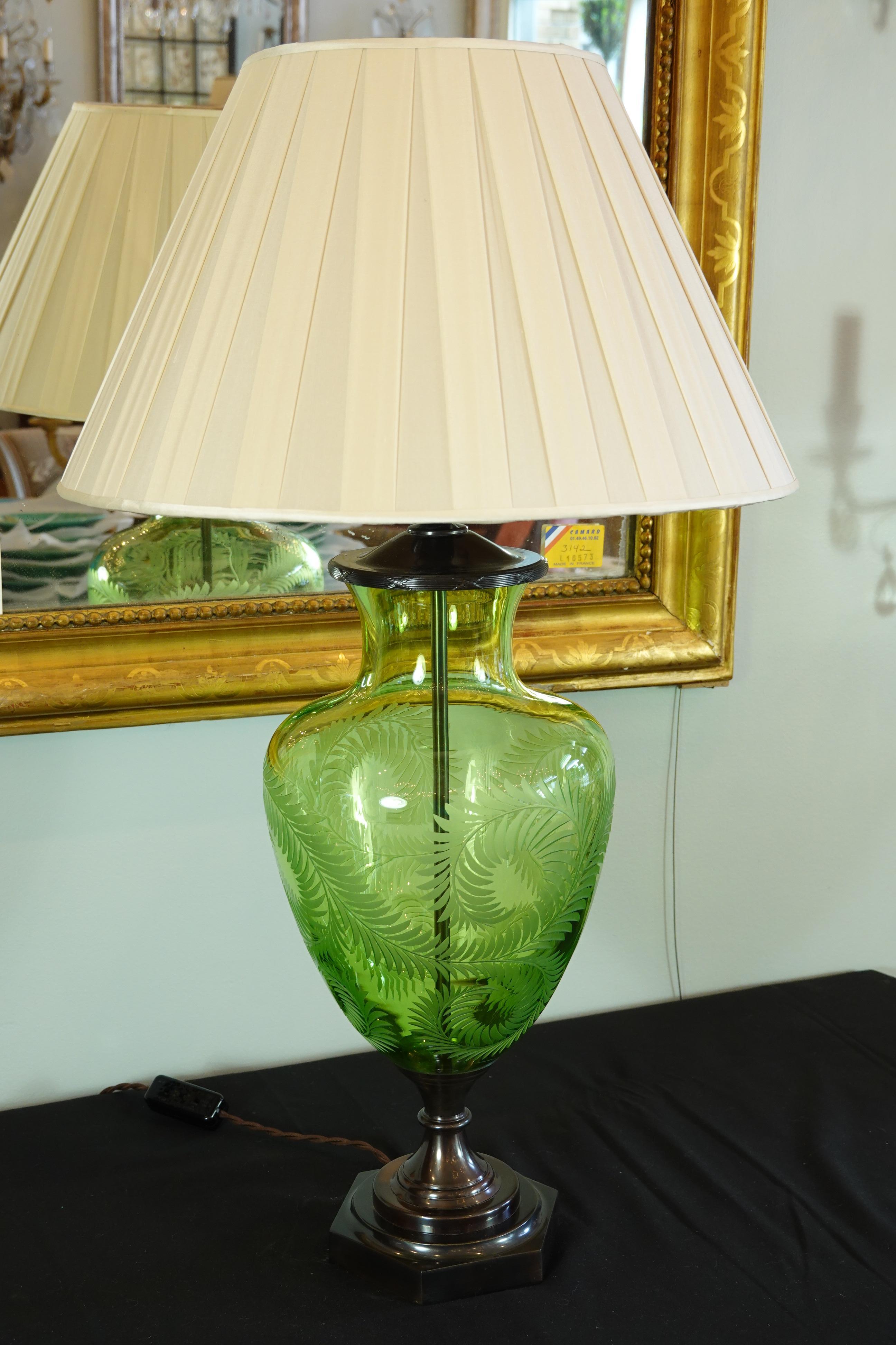Contemporary English Green Crystal Urn Form Lamp with Etched Fern Design by Lucy Cope