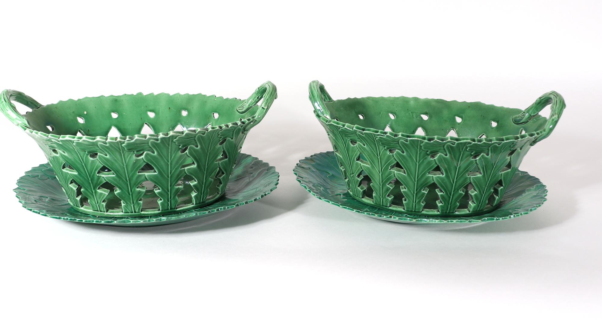 Regency 18th-Century Green Glaze Oak Leaf Pottery Baskets & Stands For Sale