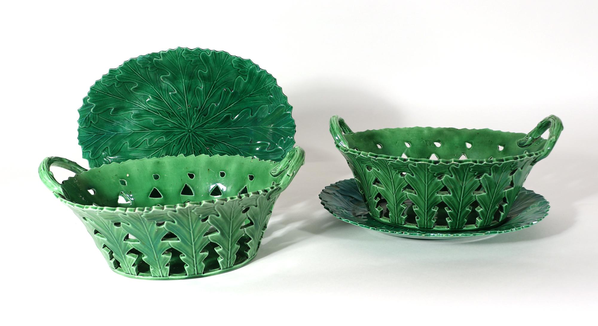 English 18th-Century Green Glaze Oak Leaf Pottery Baskets & Stands For Sale