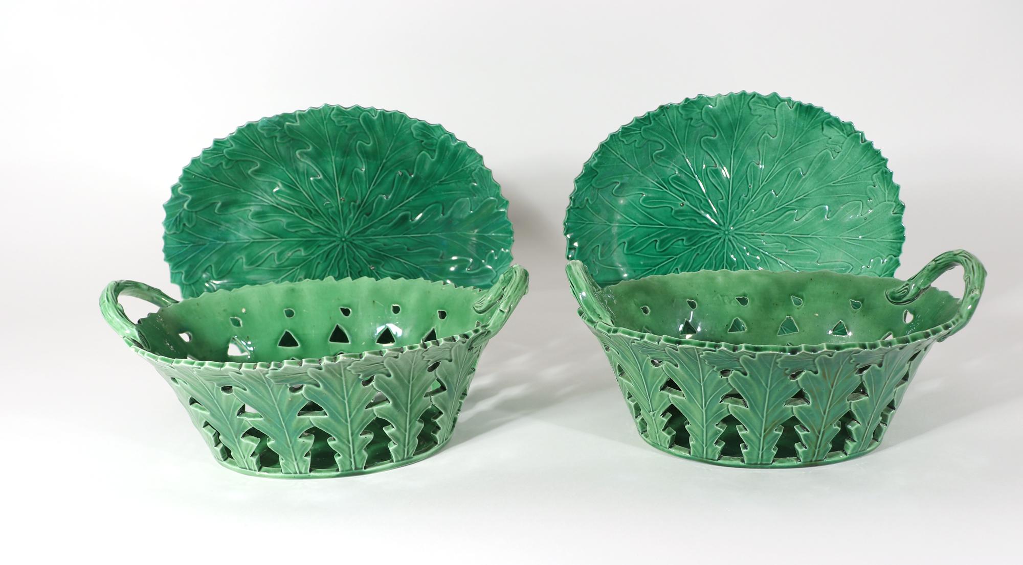 18th-Century Green Glaze Oak Leaf Pottery Baskets & Stands In Good Condition For Sale In Downingtown, PA
