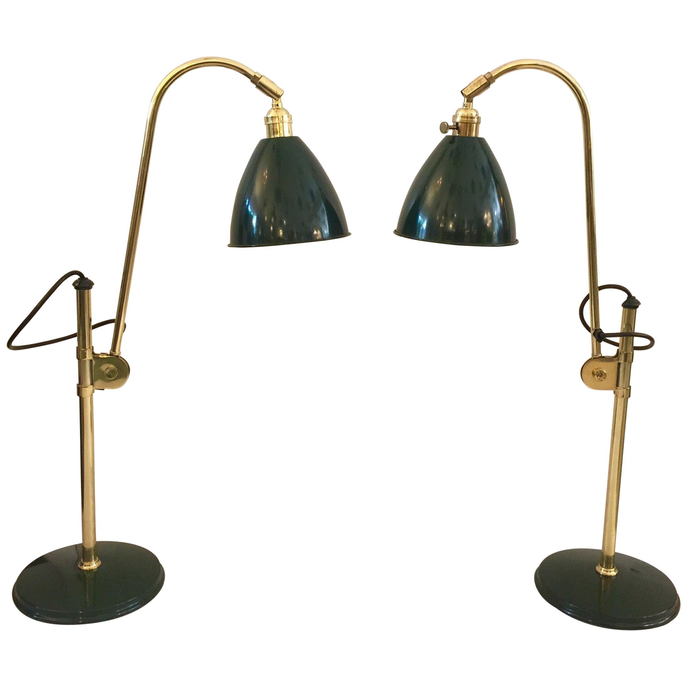 English Green Gooseneck Adjustable Table Lamps by OMI