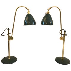 Vintage English Green Gooseneck Adjustable Table Lamps by OMI