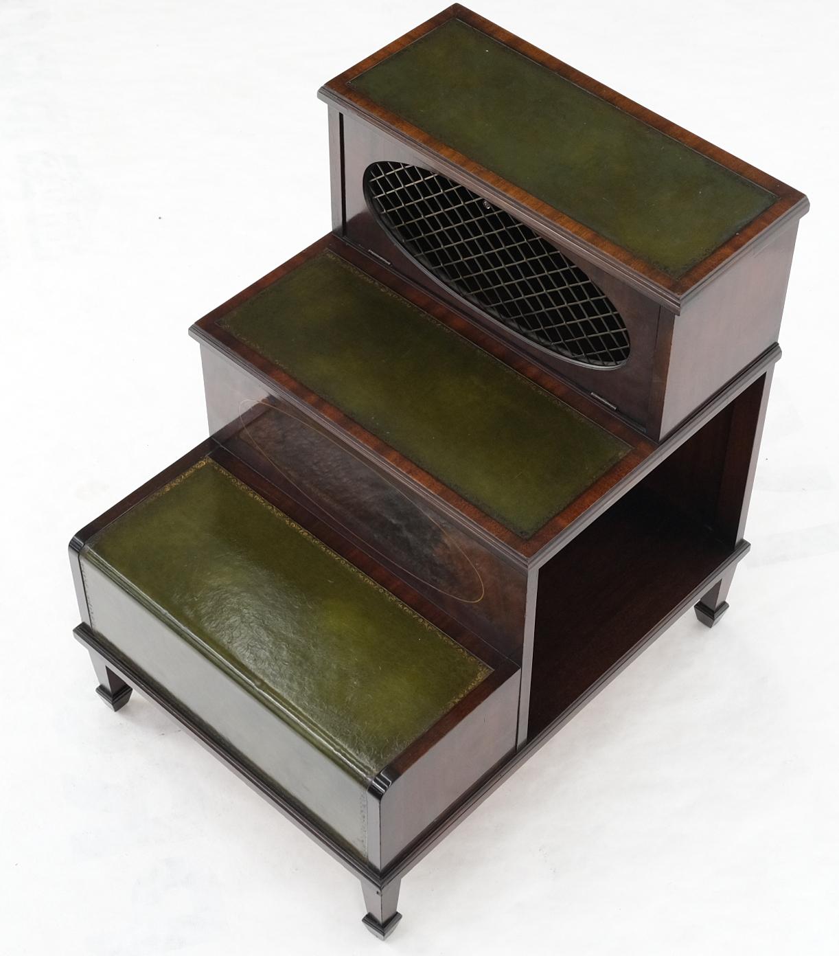 English green leather & mahogany step side end table stand cabinet bookcase.