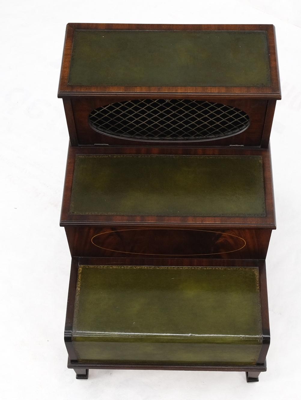 English Green Leather & Mahogany Step Side End Table Stand Cabinet Bookcase For Sale 2