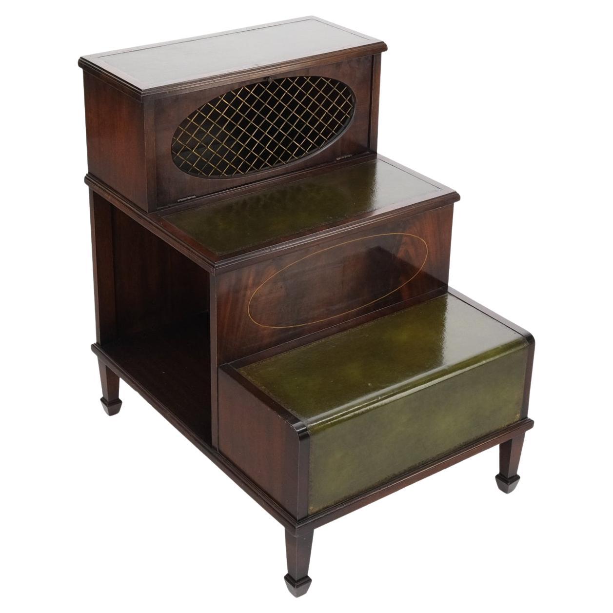 English Green Leather & Mahogany Step Side End Table Stand Cabinet Bookcase For Sale