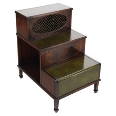 English Green Leather & Mahogany Step Side End Table Stand Cabinet Bookcase