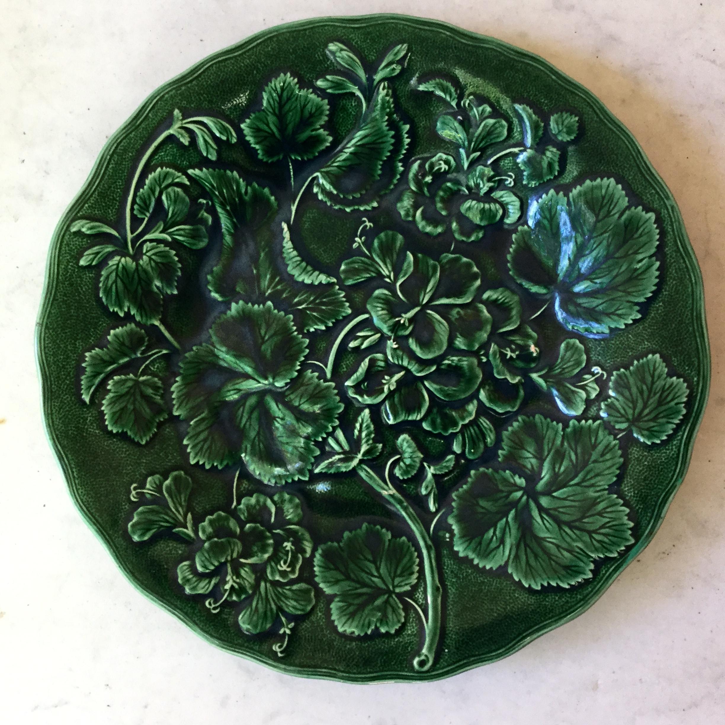 English green Victorian majolica geranium plate, circa 1880.
2 plates are available.
