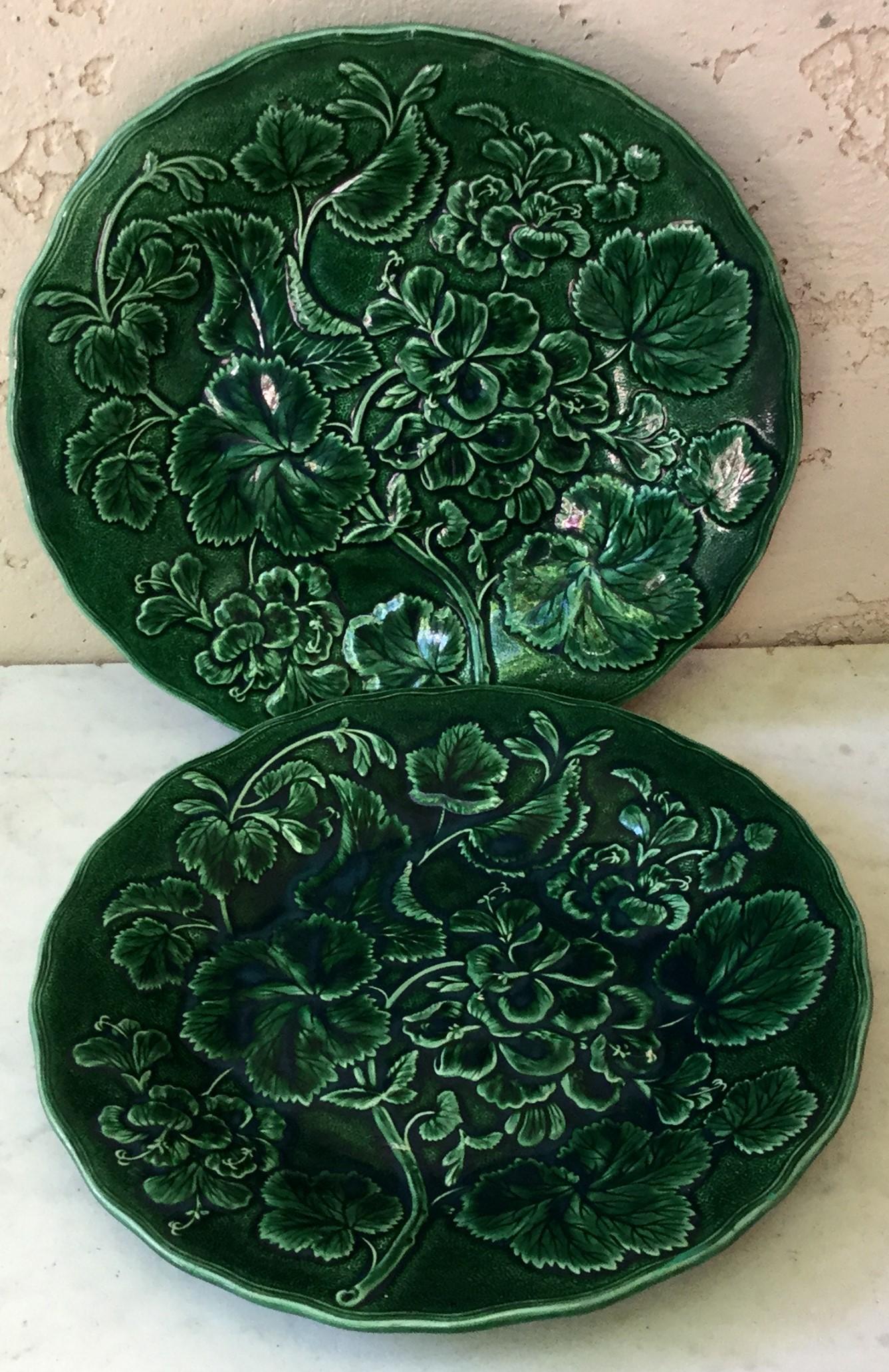 Ceramic English Green Majolica Geranium Plate, circa 1880