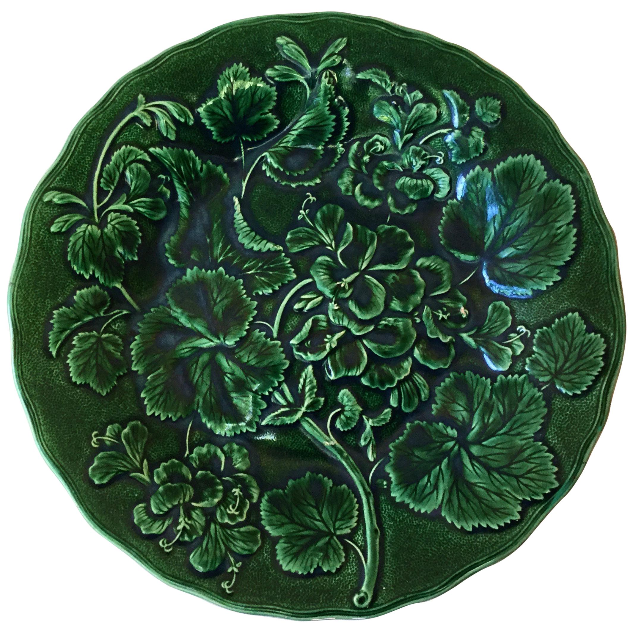 English Green Majolica Geranium Plate, circa 1880