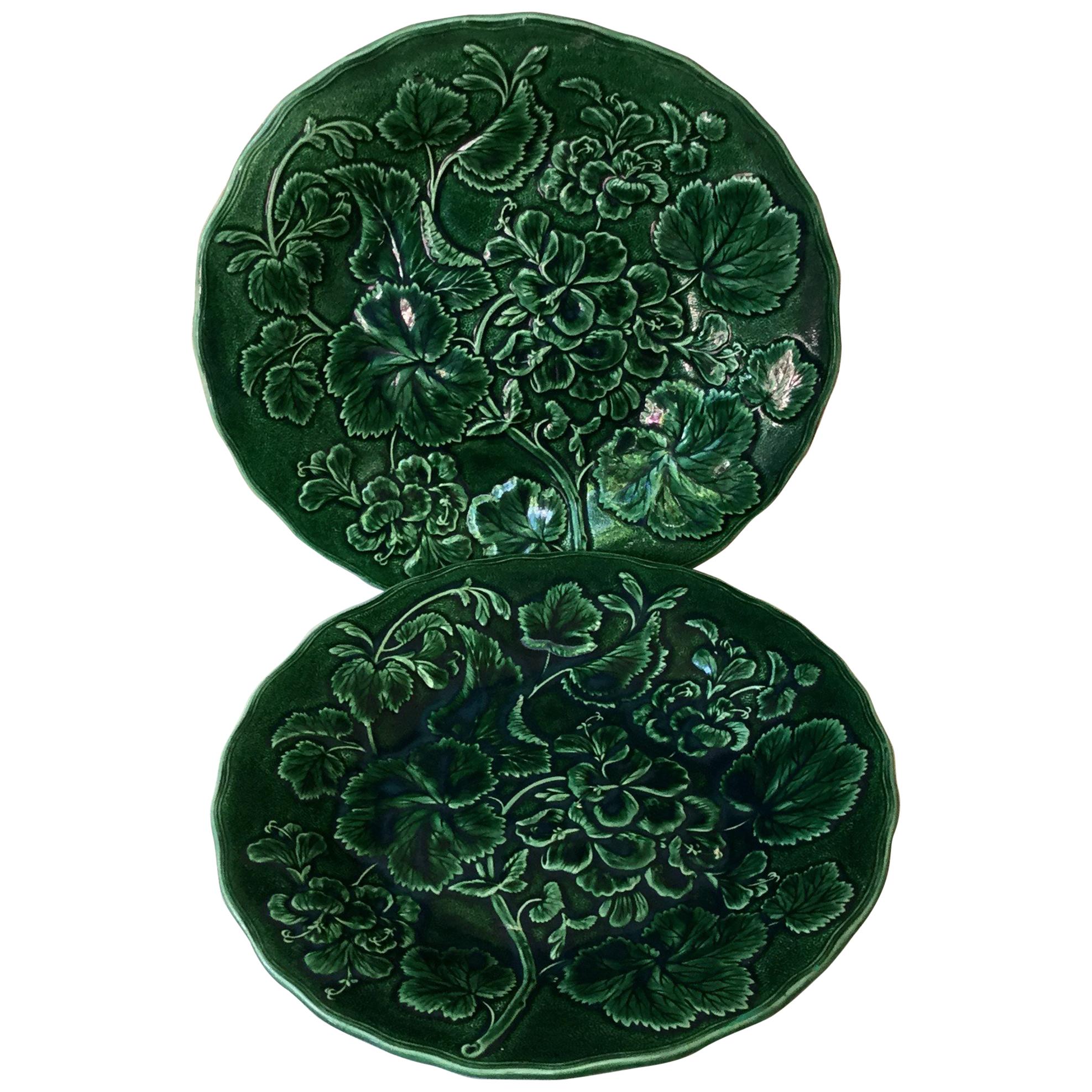 English Green Majolica Geranium Plate, circa 1880