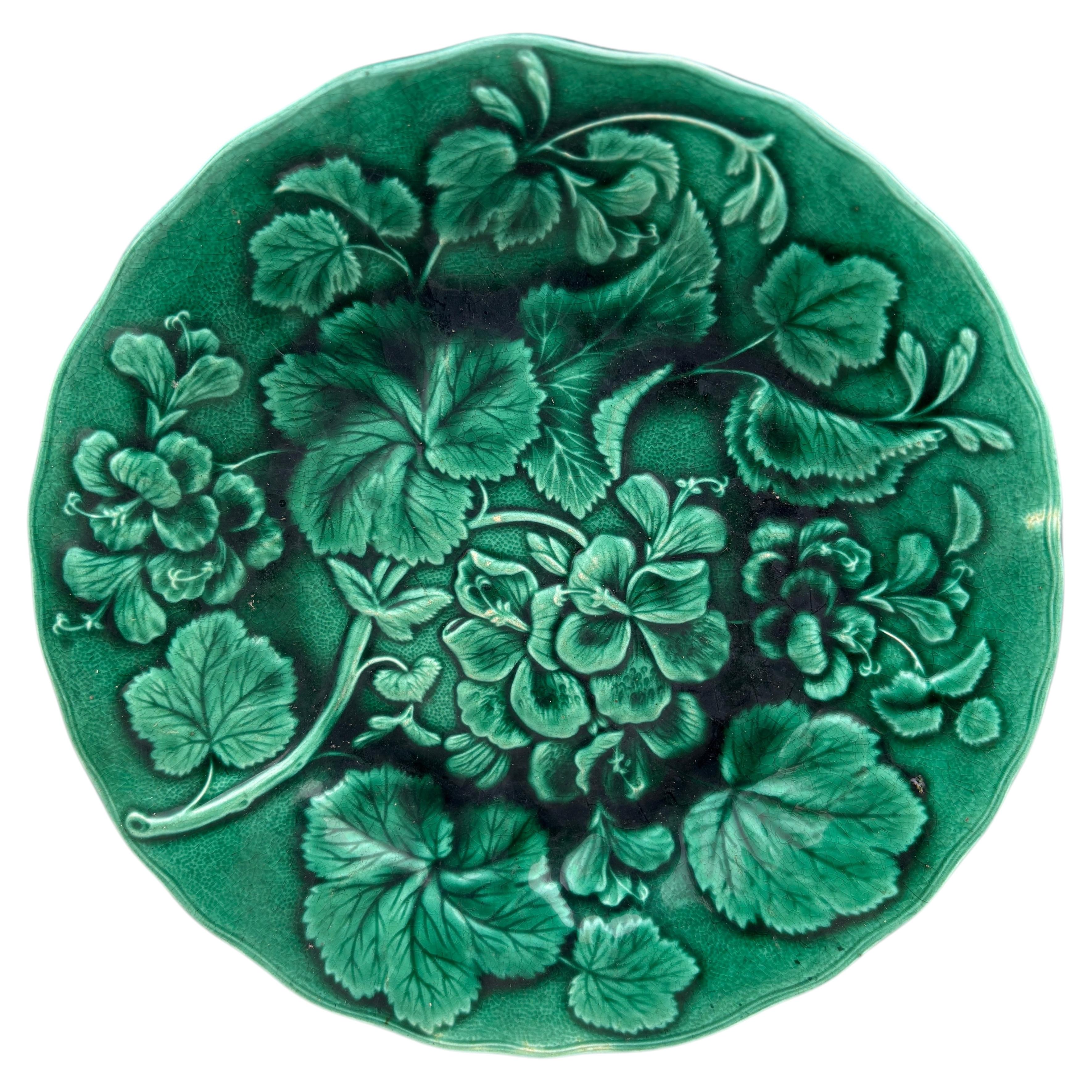 English Green Majolica Geranium Plate, circa 1880