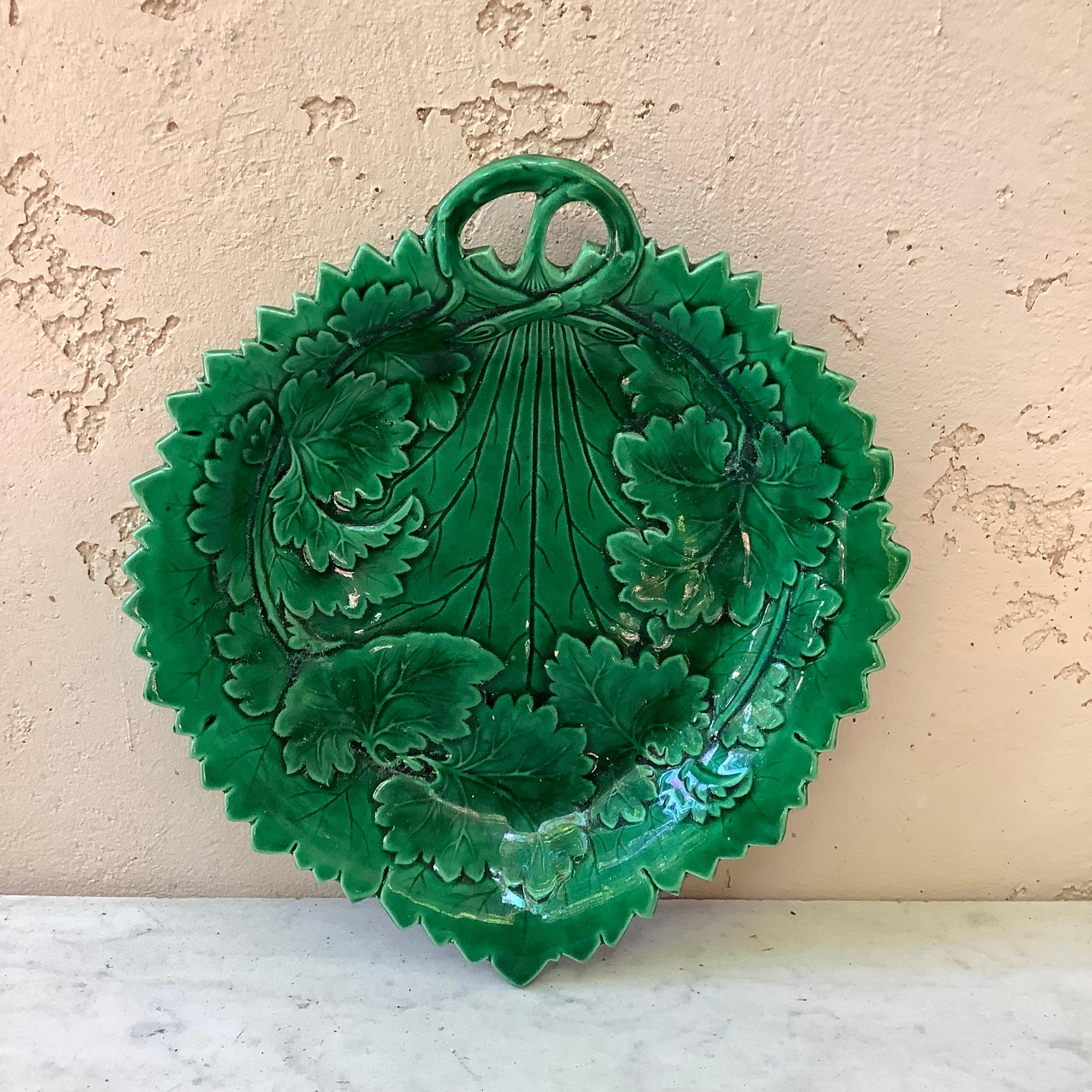 English Victorian Green Majolica handled platter with leaves, circa 1890.