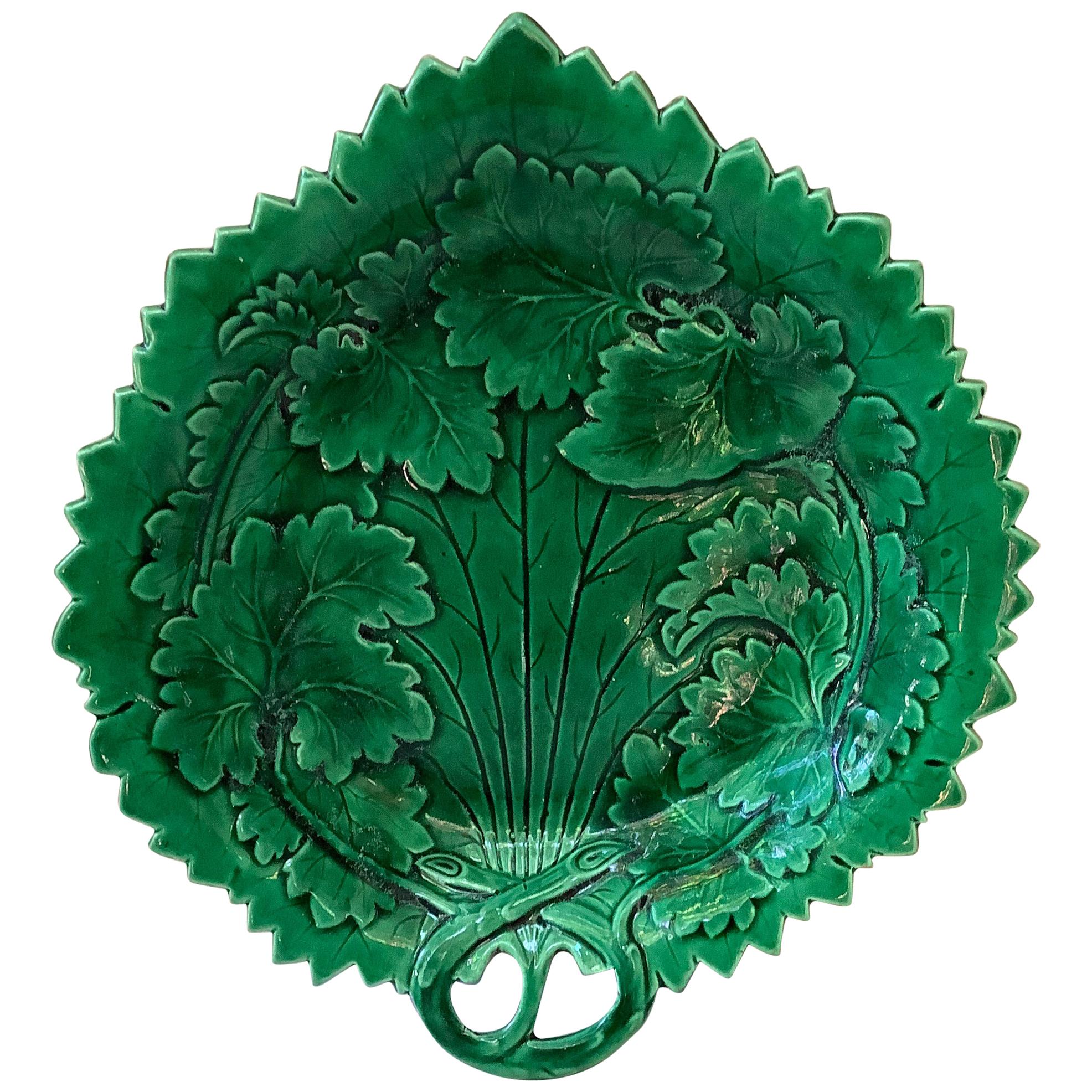 English Green Majolica Handled Platter, circa 1890