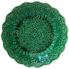 Antique English Green Majolica Roses Plate, circa 1880
