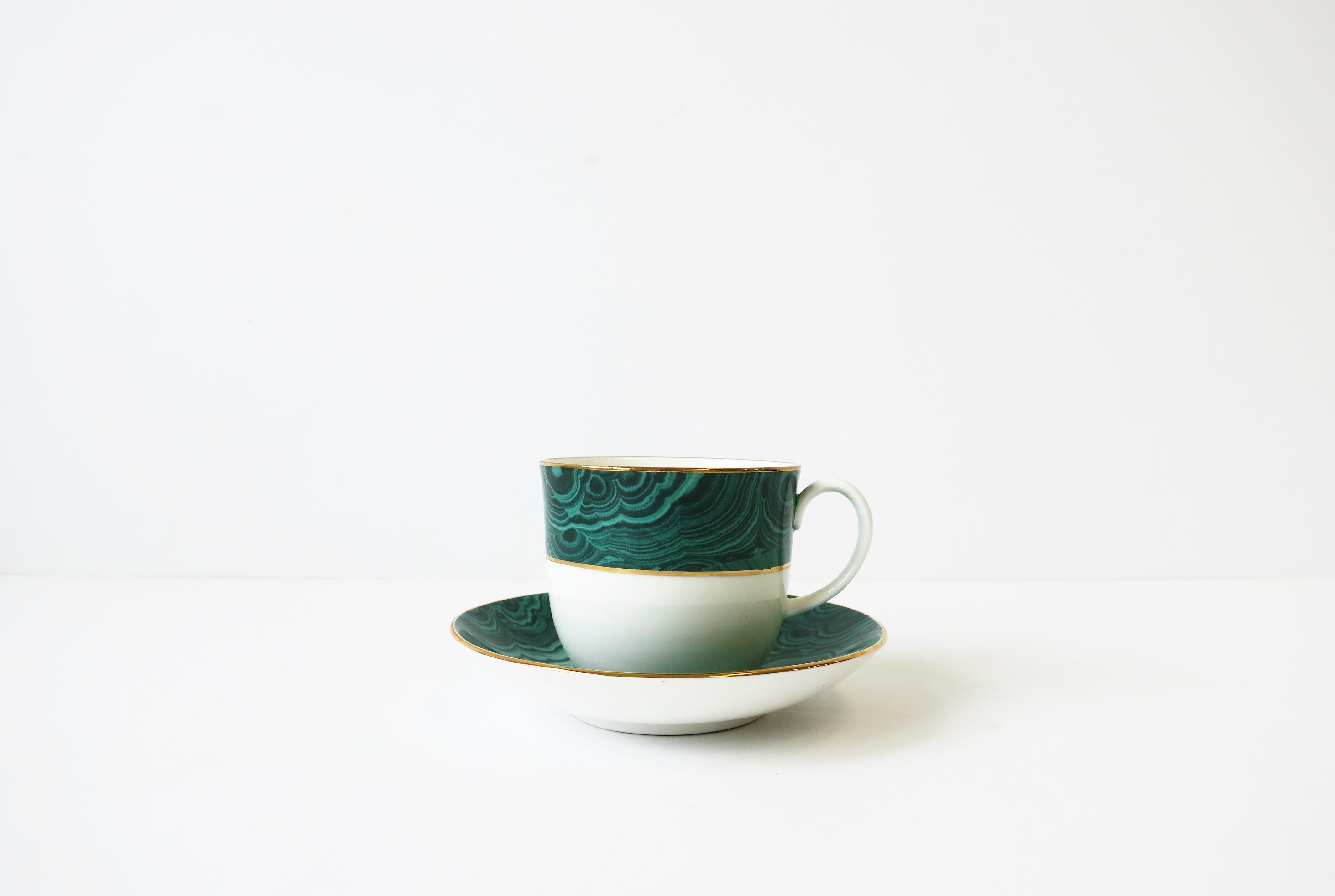 20th Century Green Malachite Porcelain Coffee or Tea Cup and Saucer, from England For Sale