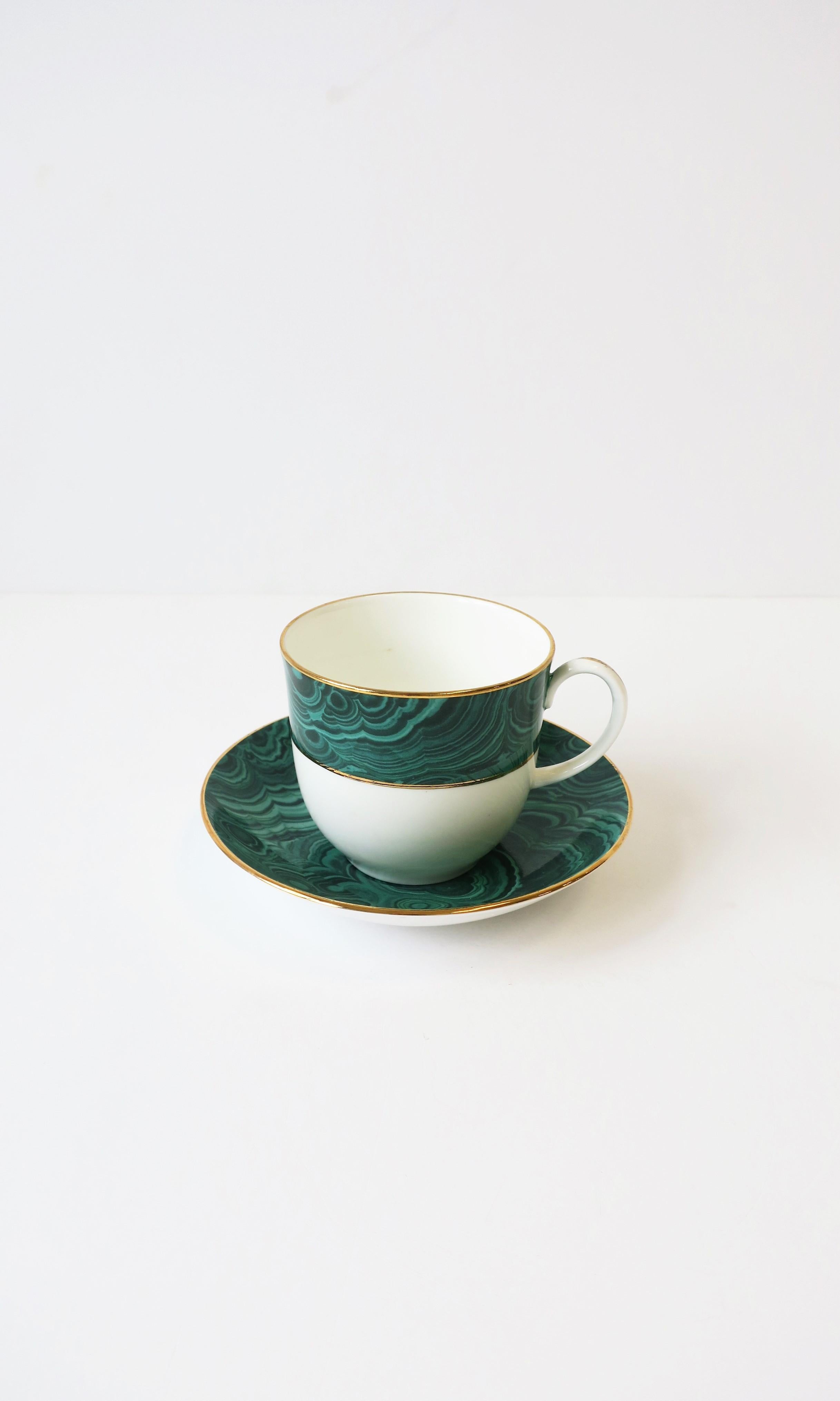 Green Malachite Porcelain Coffee or Tea Cup and Saucer, from England For Sale 1