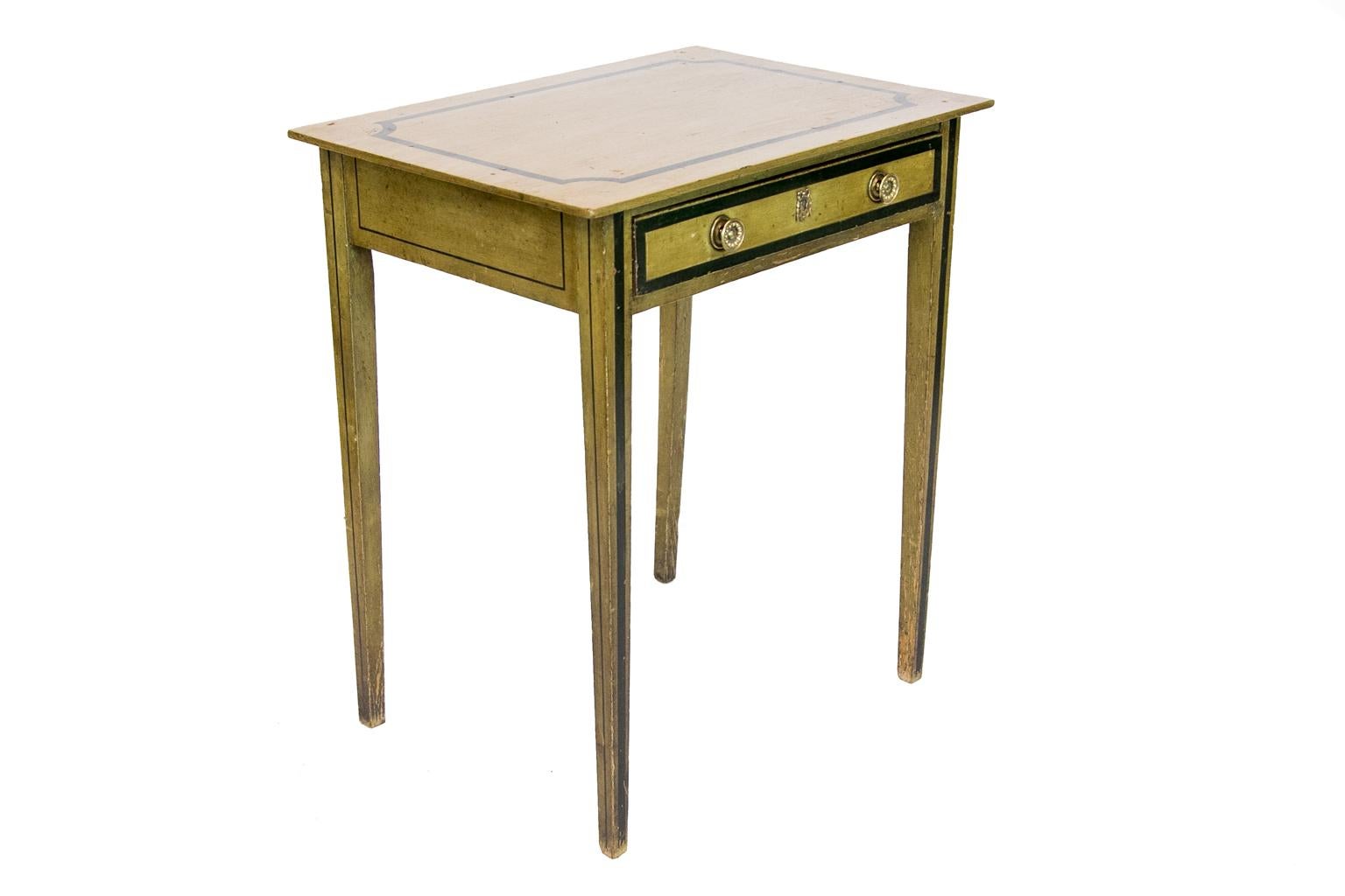 Brass English Green Painted One Drawer Side Table