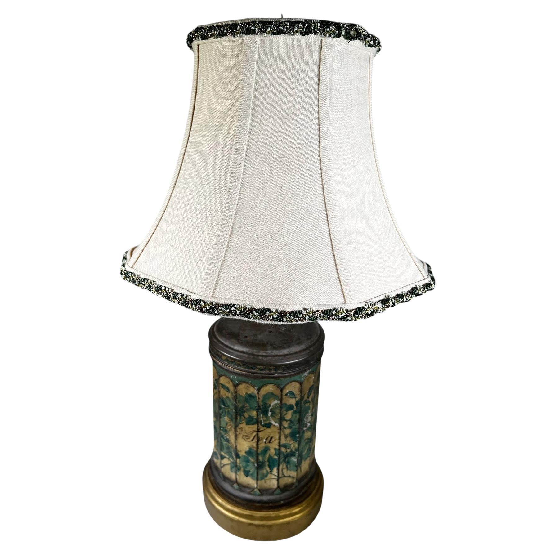 English Green Tole Tea Canister Lamp on Custom Stand