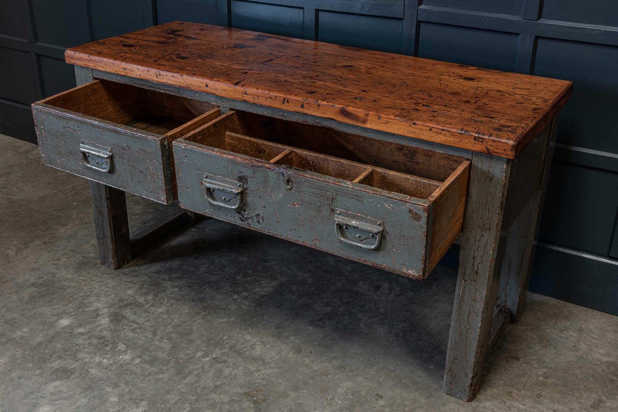 Grey painted workshop table or counter,
circa 1910.

Grey painted workshop table or counter with great color, scale and patina with original iron drawer pulls.
Ideal as a prep table or console or side table.

Measures: W 155 x H 84 x D 59 cm.