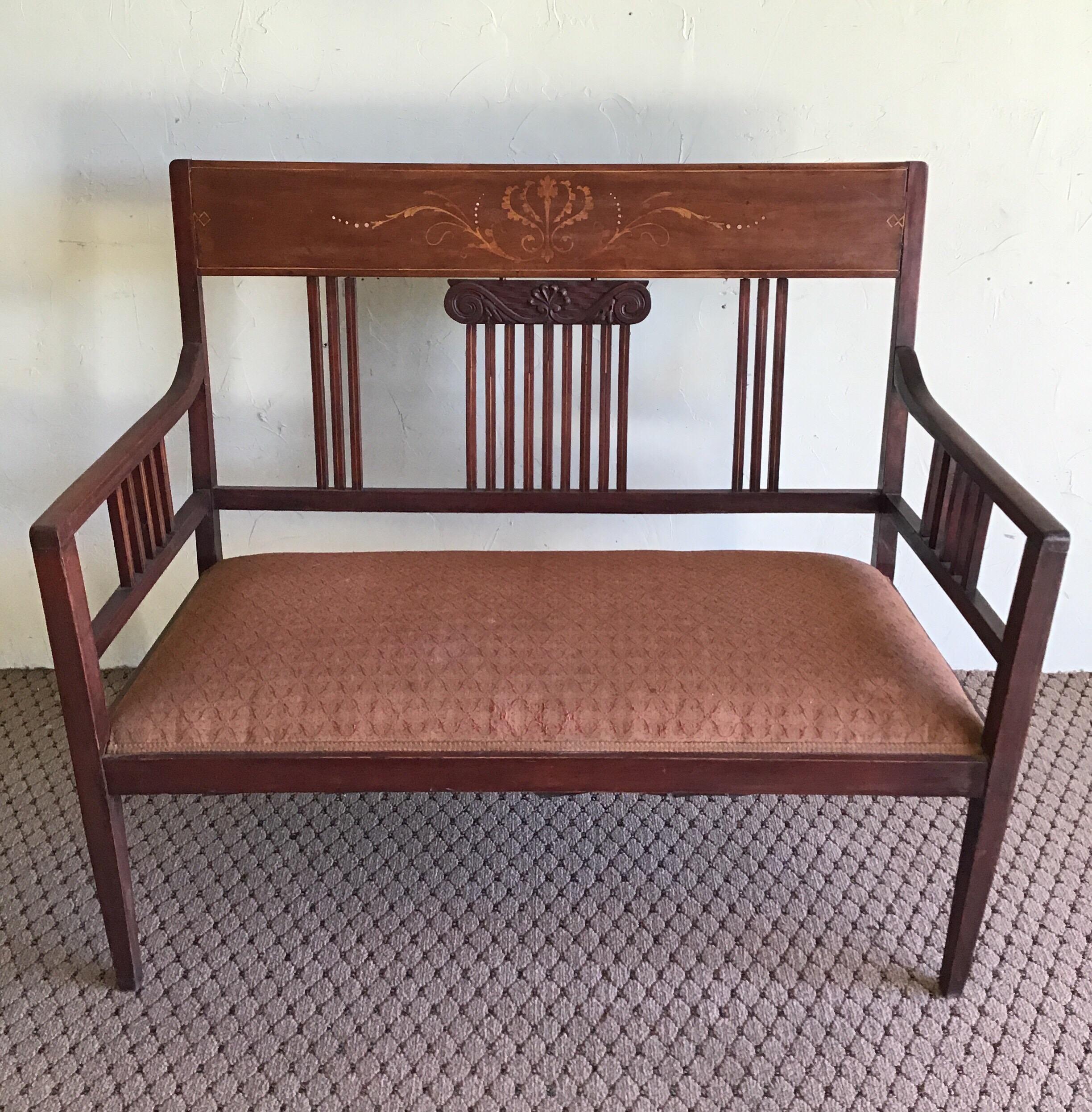 1-6001
English upholstered hall bench with inlay ed fruitwood design
Has original fabric
Measures: Seat height 22