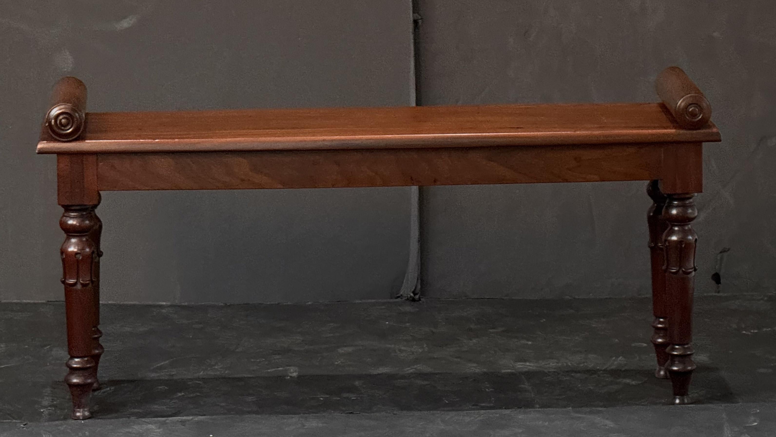 Turned English Hall Bench or Window Seat of Mahogany For Sale