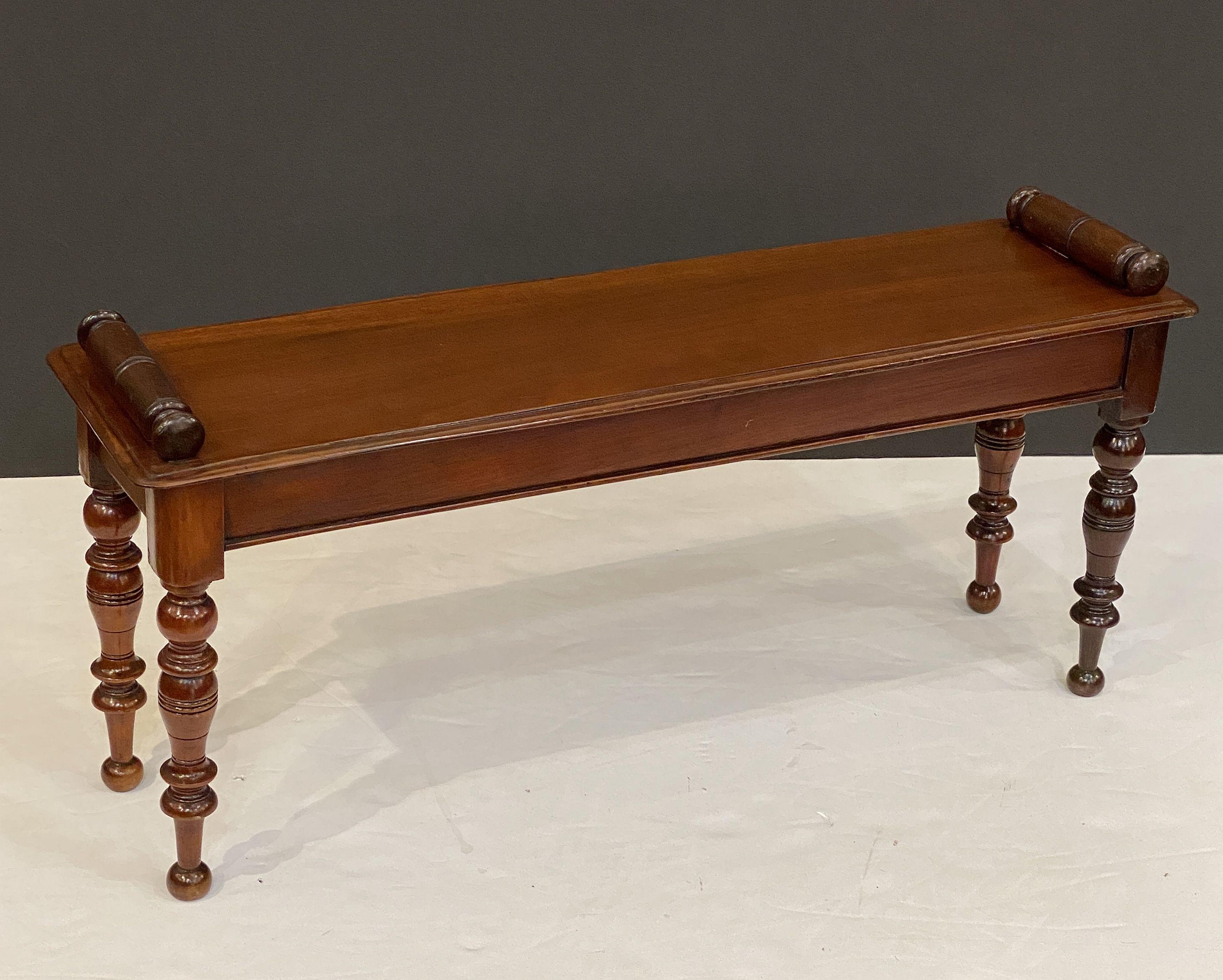 English Hall Bench or Window Seat of Mahogany on Turned Legs 7