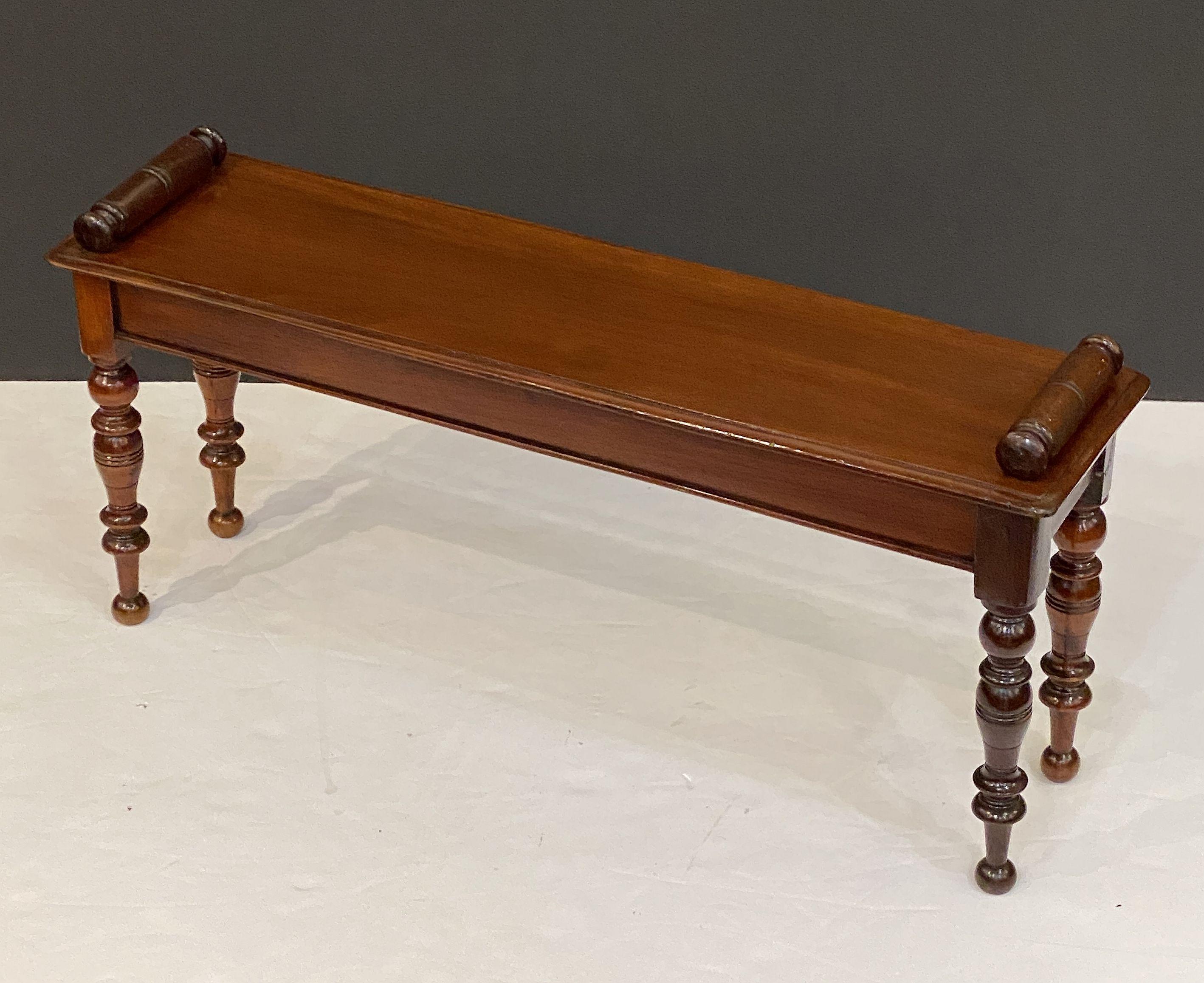 Stained English Hall Bench or Window Seat of Mahogany on Turned Legs