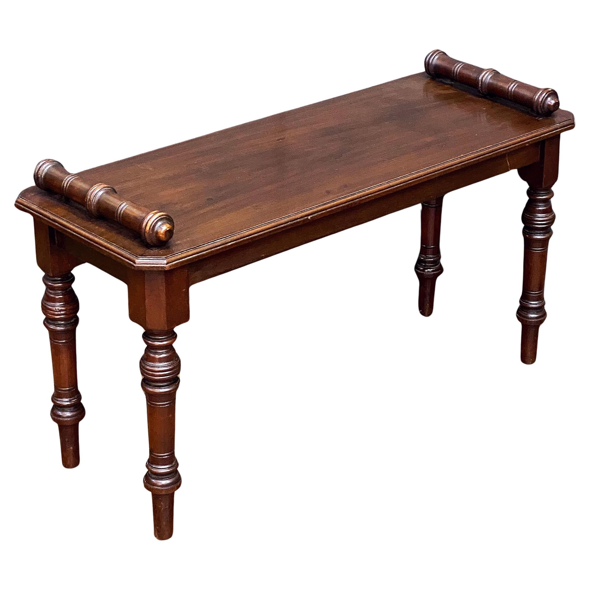 English Hall Bench or Window Seat of Mahogany on Turned Legs