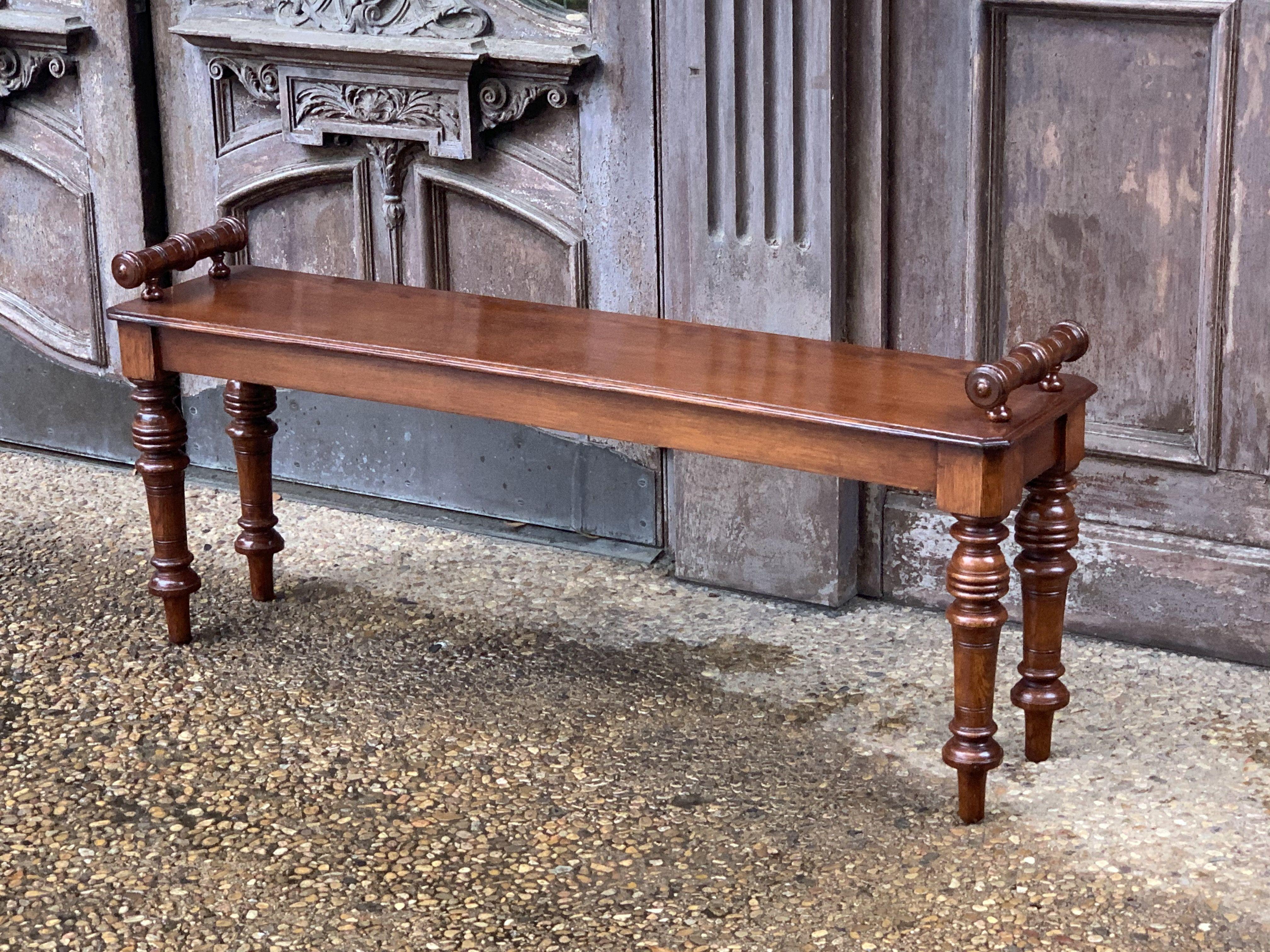 Stained English Hall Bench or Window Seat of Oak on Turned Legs