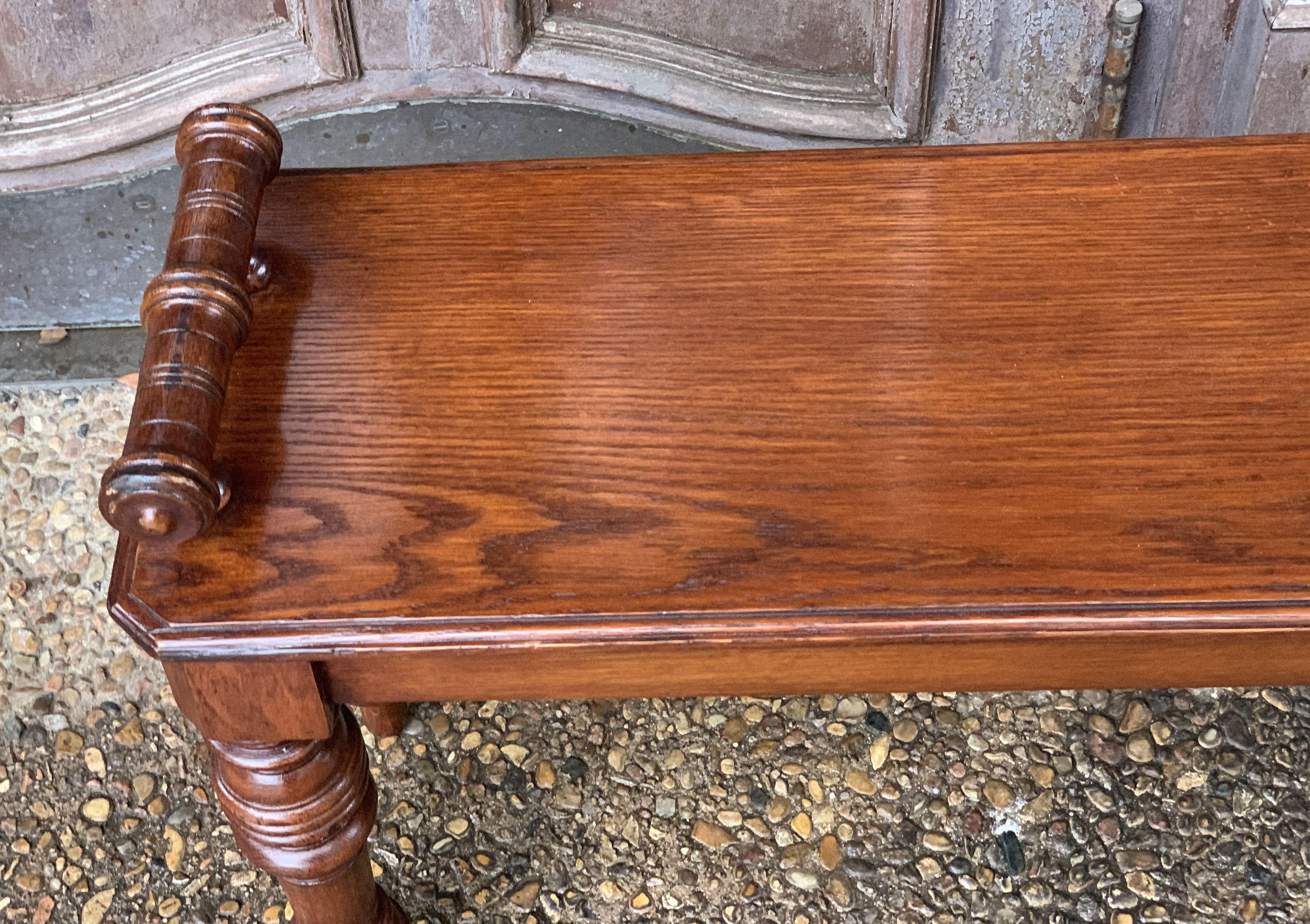 Wood English Hall Bench or Window Seat of Oak on Turned Legs