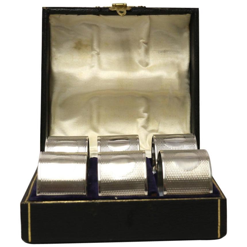 English Hall Marked Silver Early 20th Century Set of 6 Boxed Napkin Rings For Sale