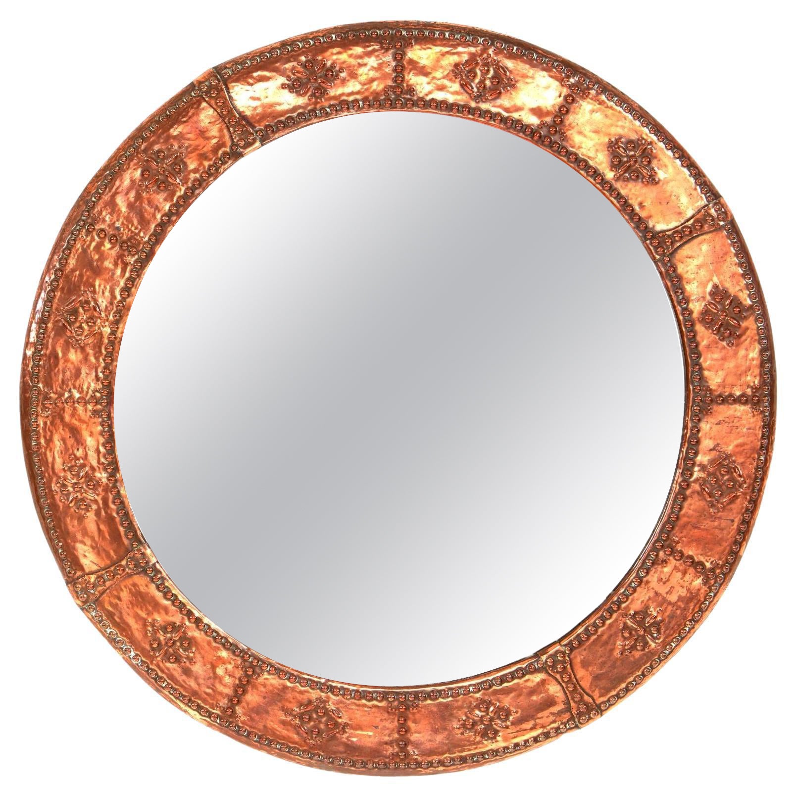 English Hammered Copper Round Mirror For Sale