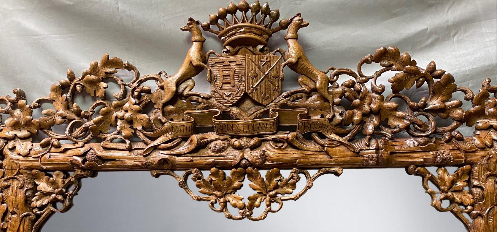 English Hand Carved Oak Mirror with Coat of Arms, 19th Century For Sale 8
